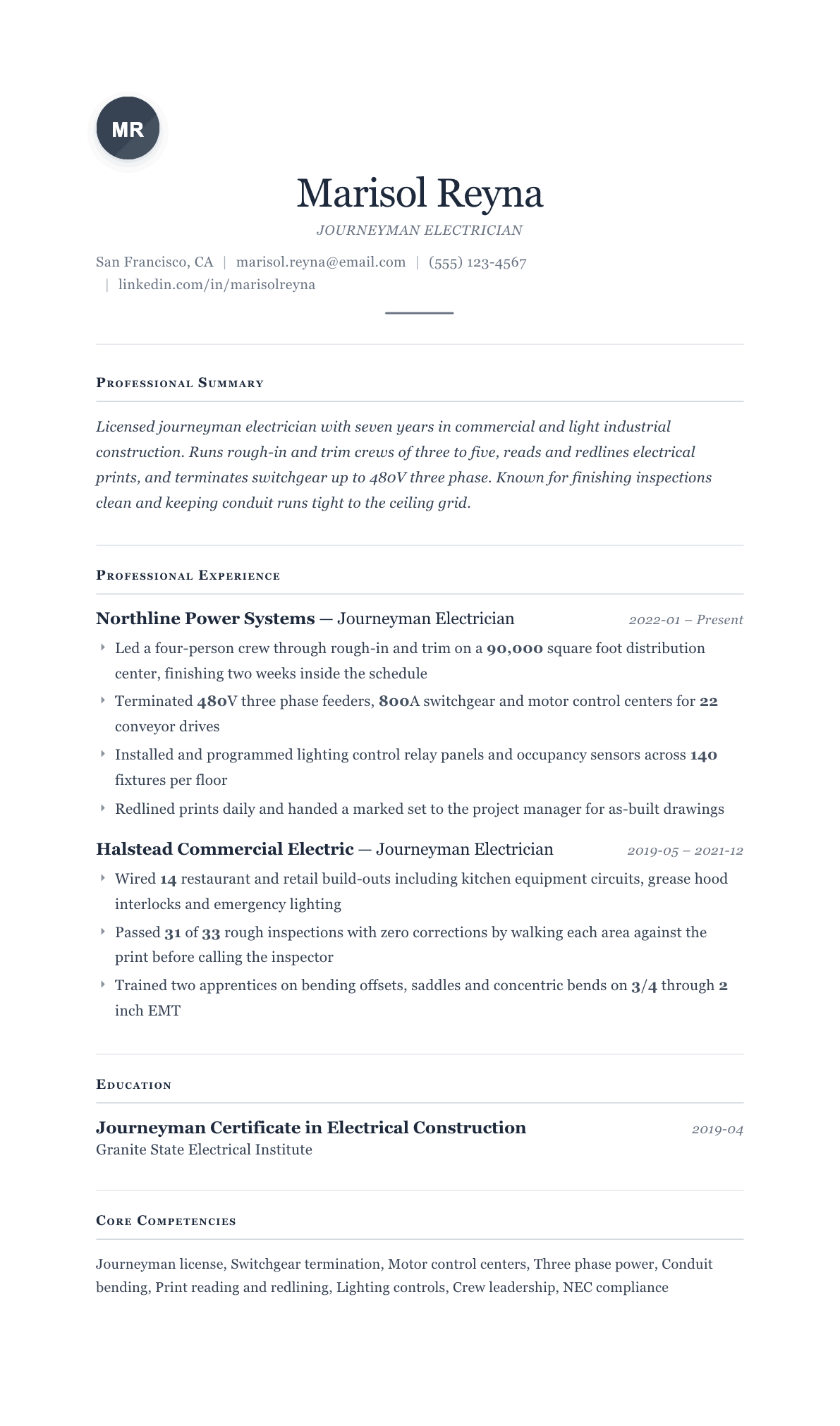 Journeyman Electrician resume example, Cornerstone template