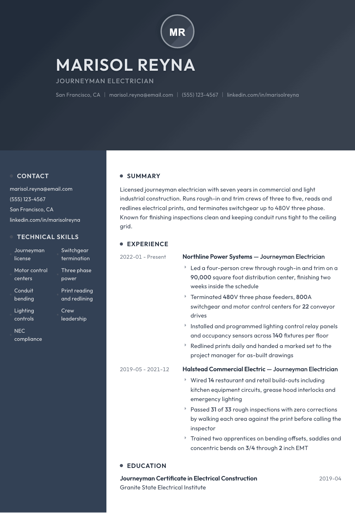 Journeyman Electrician resume example, Binary template