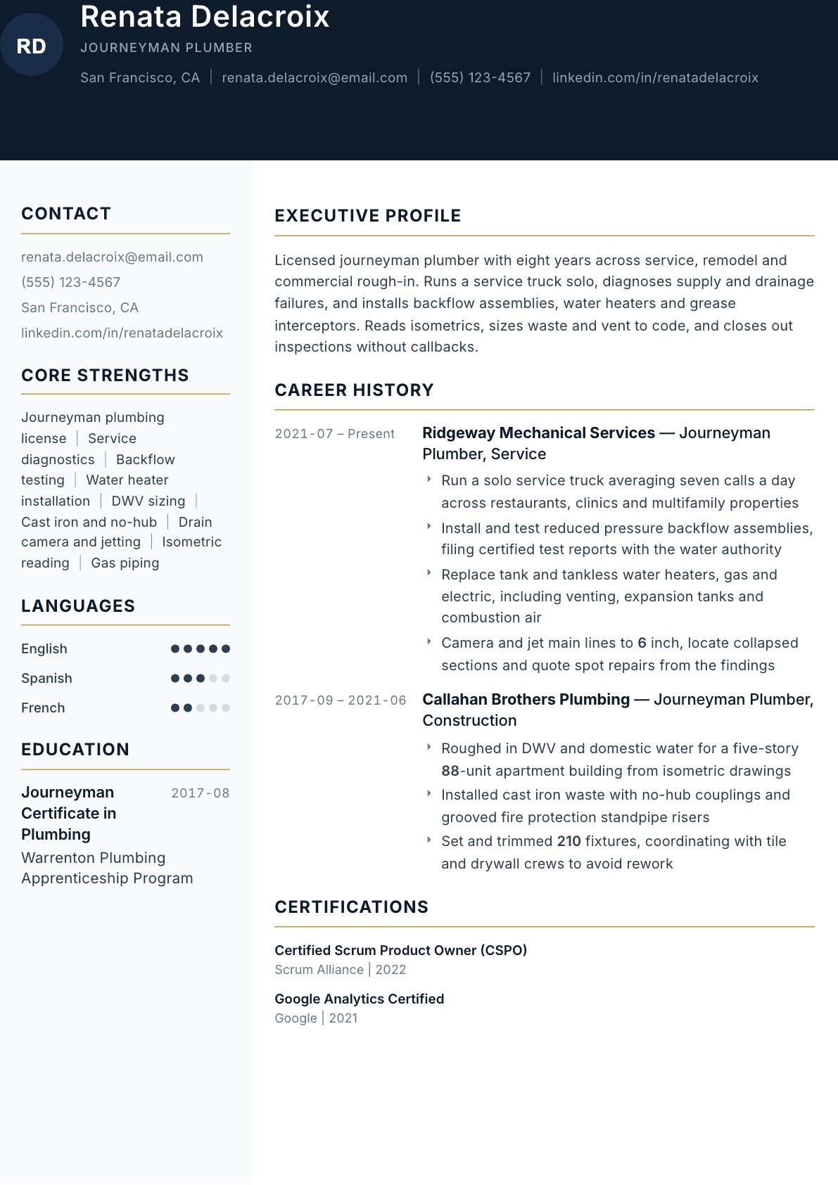 Journeyman Plumber resume example, Consulate template