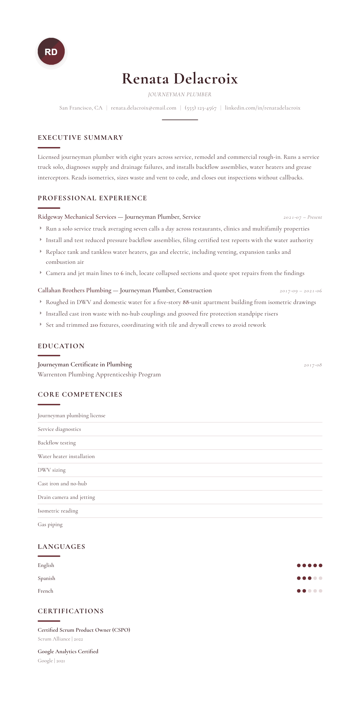 Journeyman Plumber resume example, Diplomat template