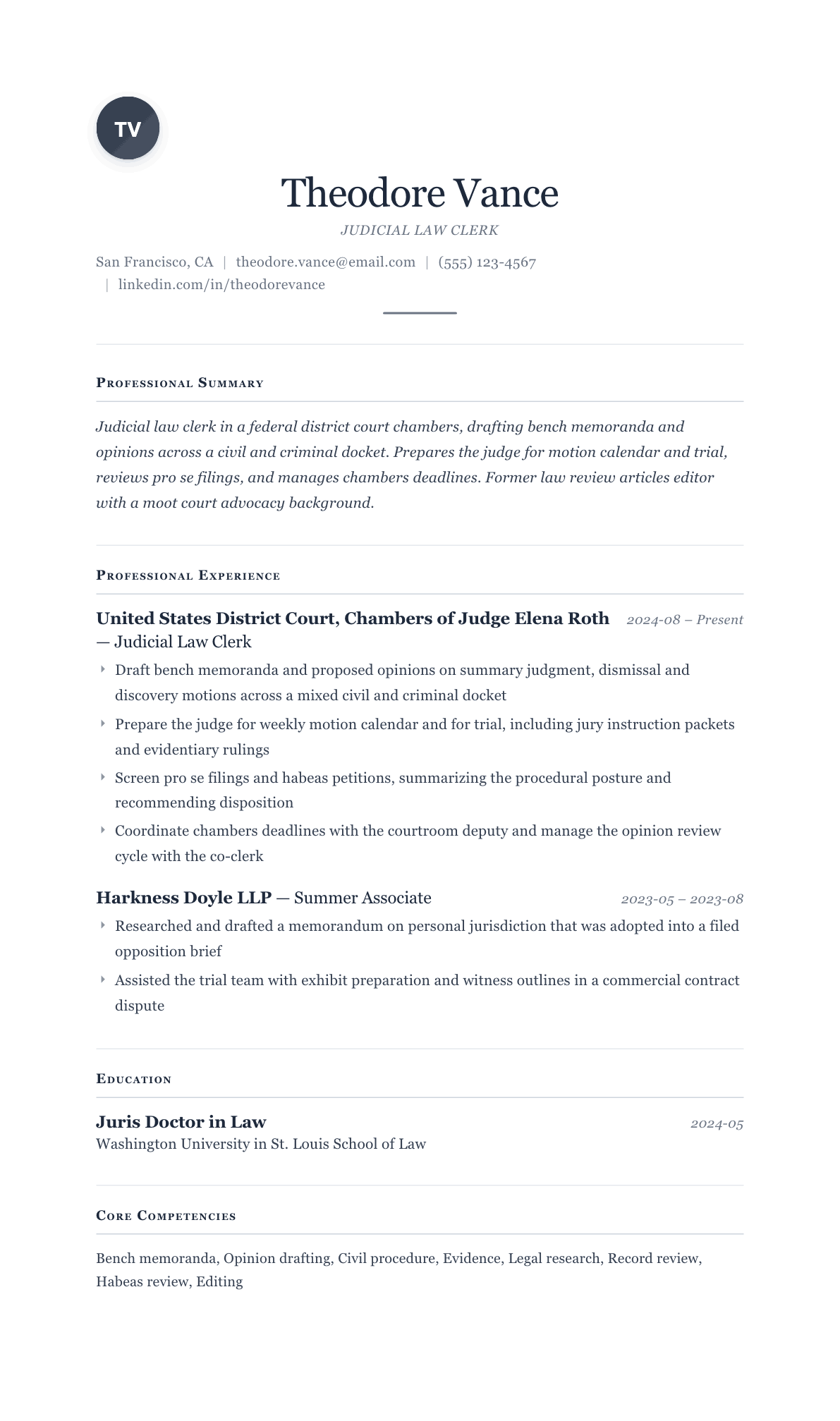 Judicial Clerk resume example, Cornerstone template