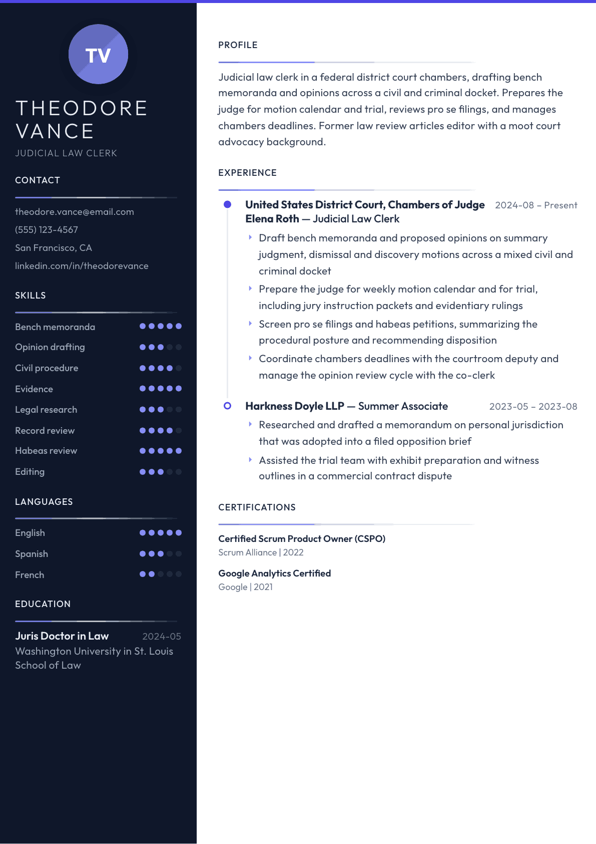 Judicial Clerk resume example, Zenith template