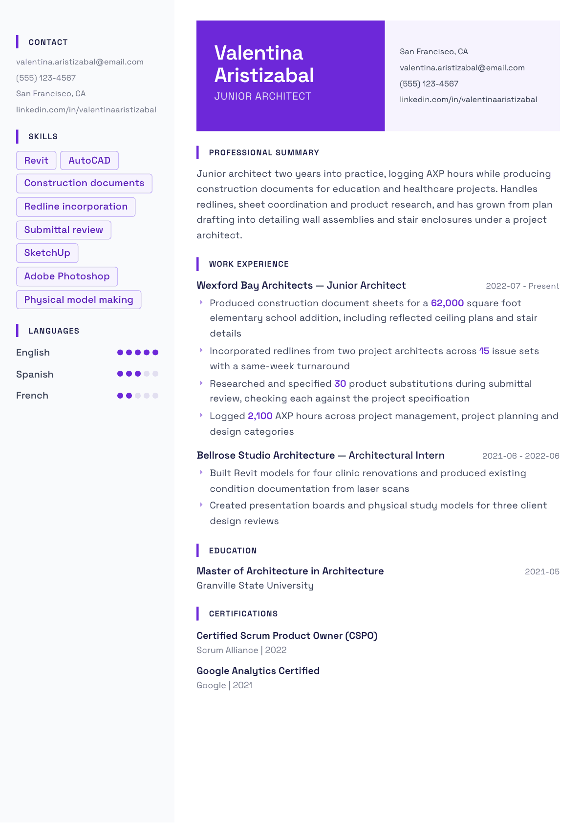 Junior Architect resume example, Tokyo template