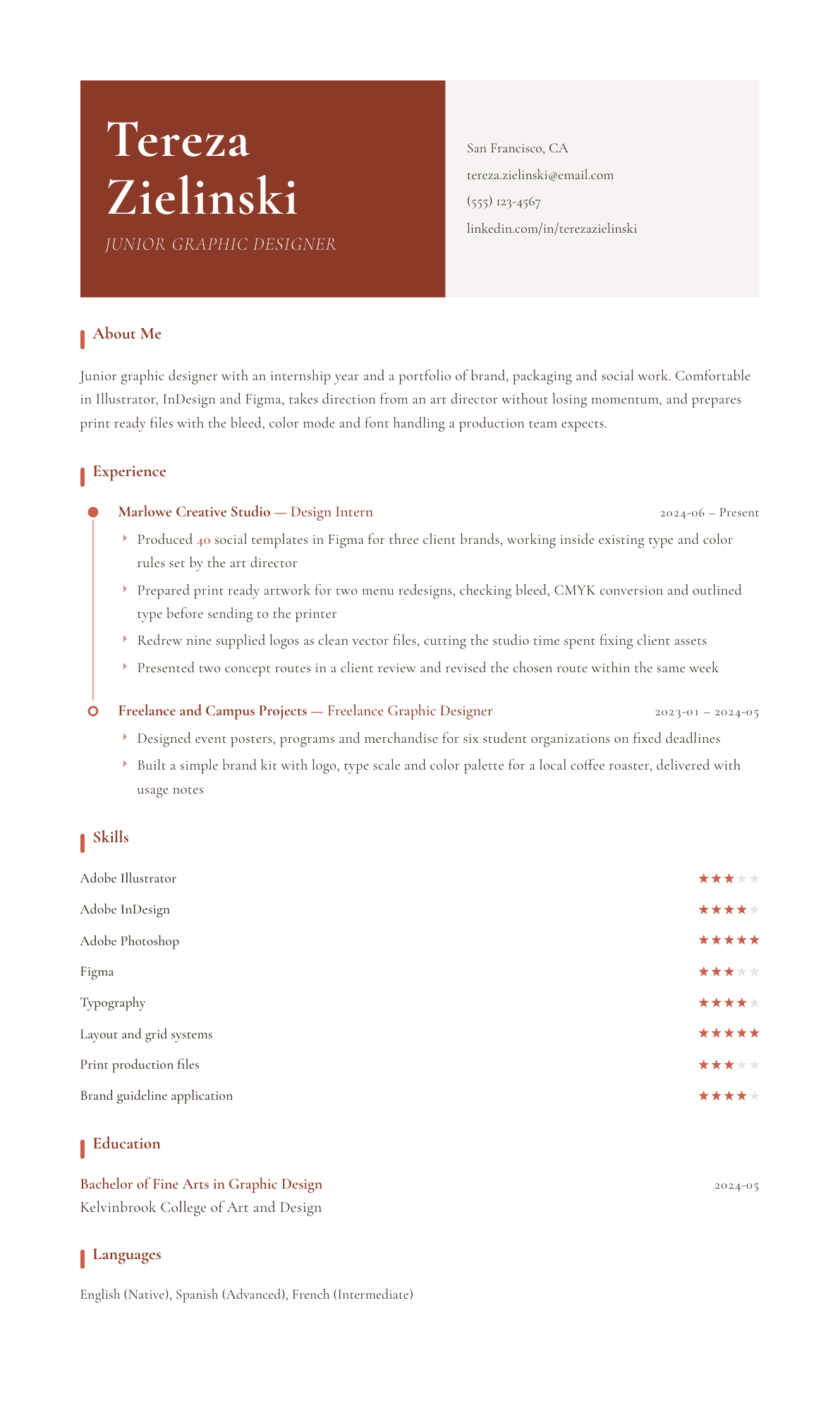 Junior Graphic Designer resume example, Artisan template