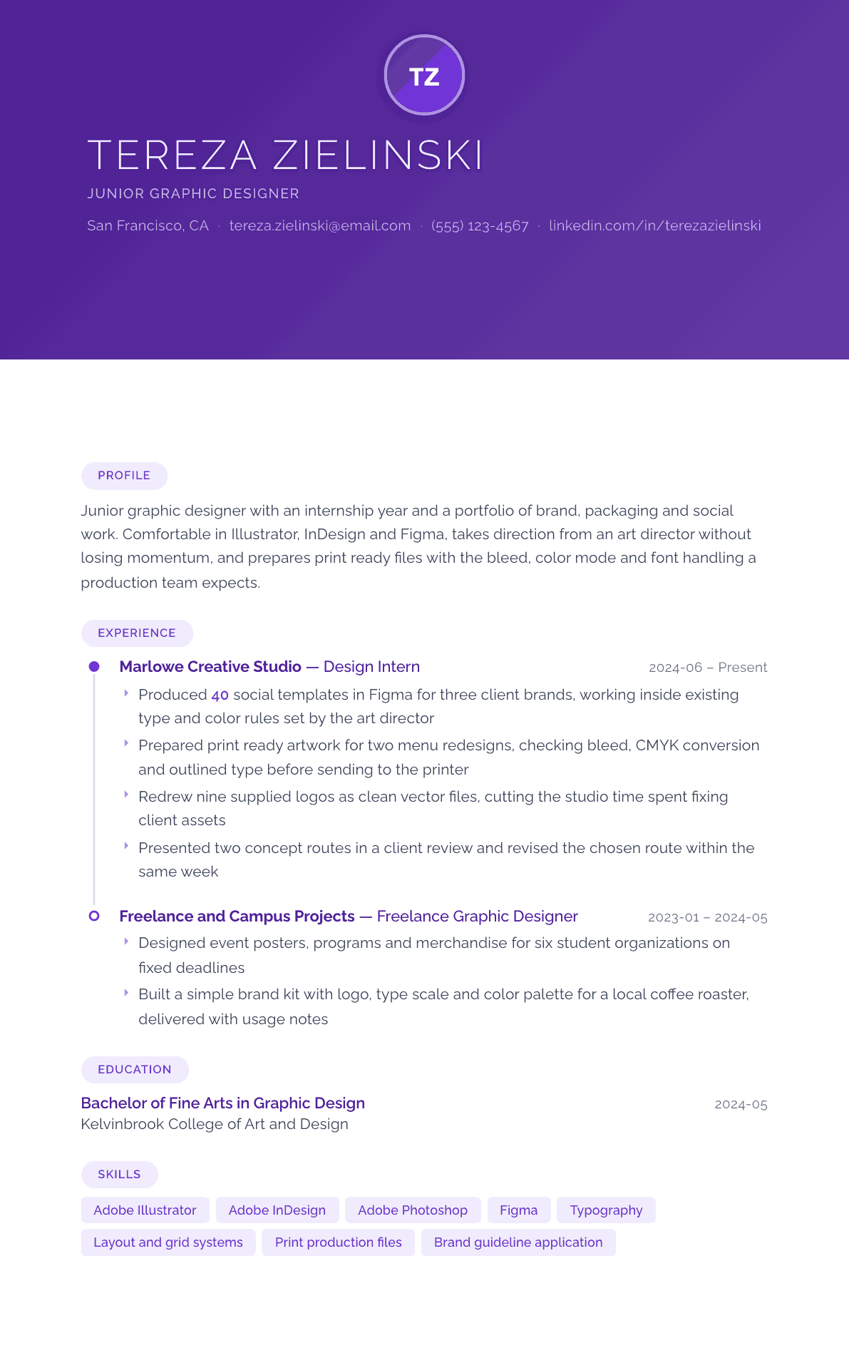 Junior Graphic Designer resume example, Canvas template