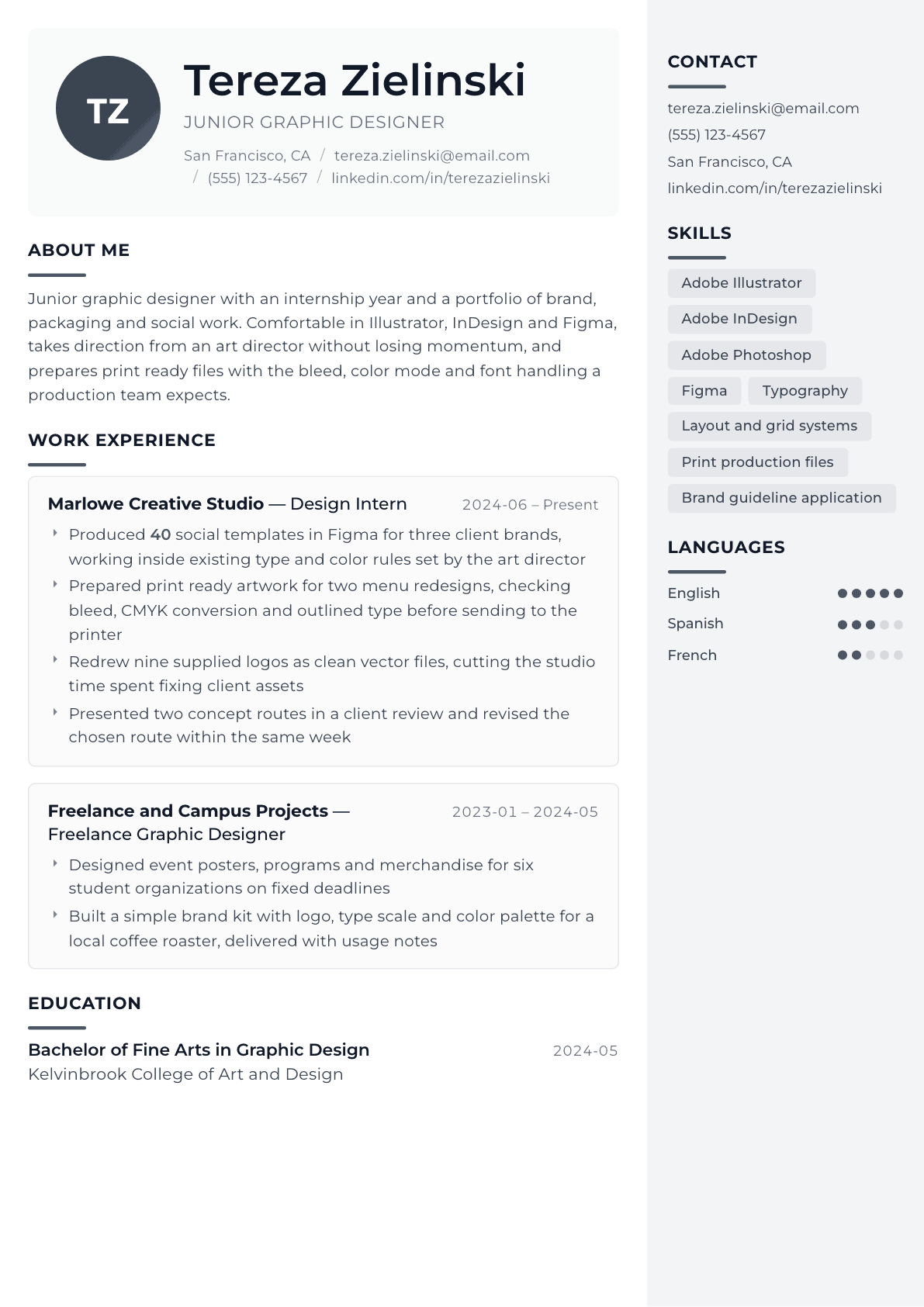 Junior Graphic Designer resume example, Metropolitan template