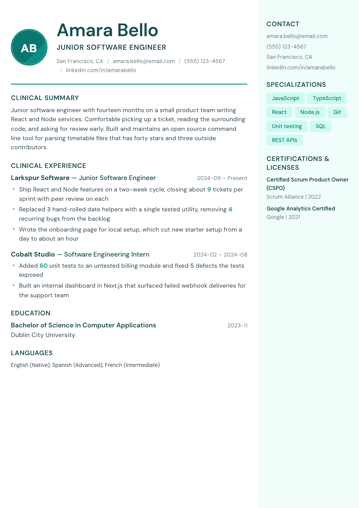 Junior Software Engineer resume example, Remedy template