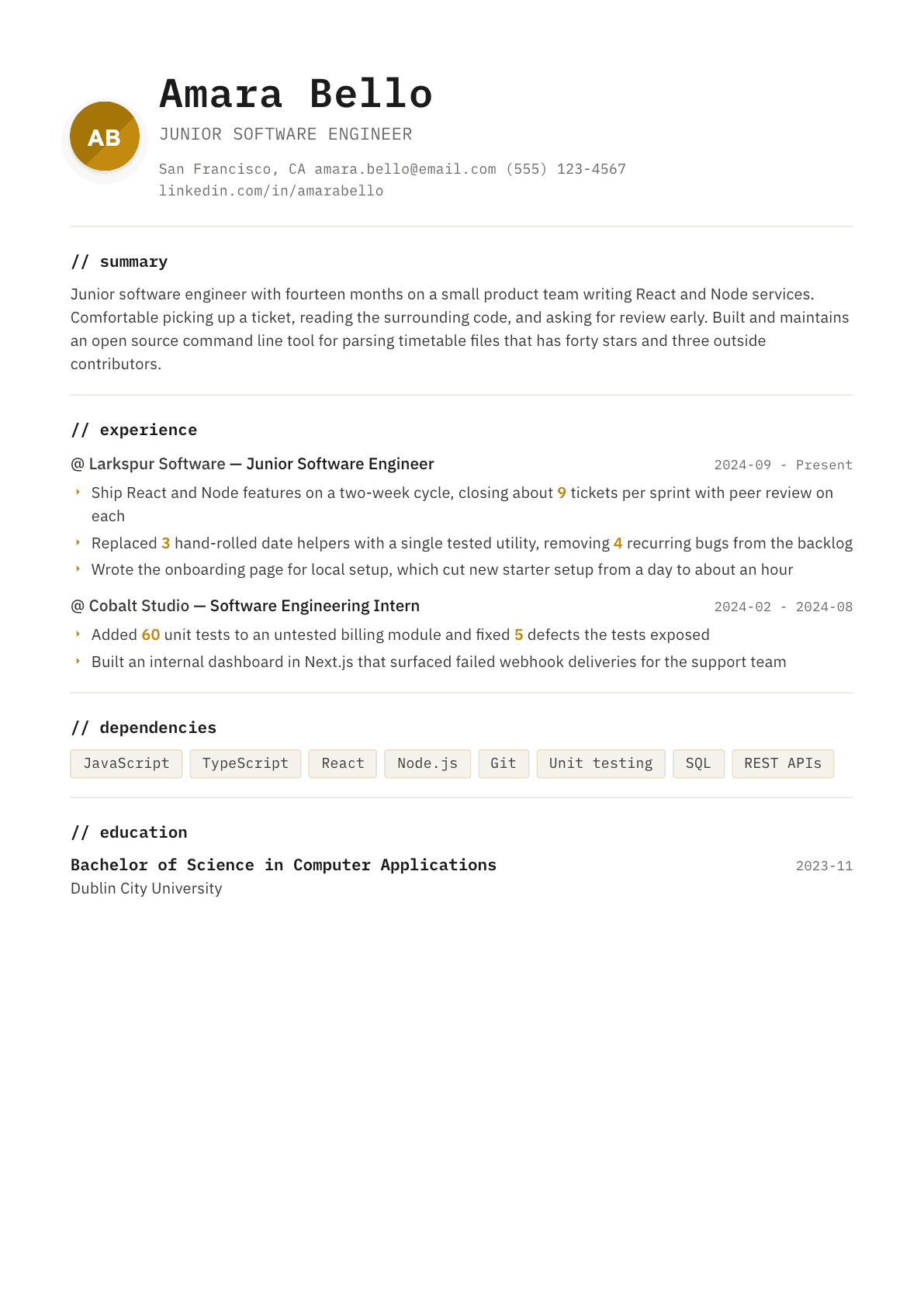 Junior Software Engineer resume example, Terminal template