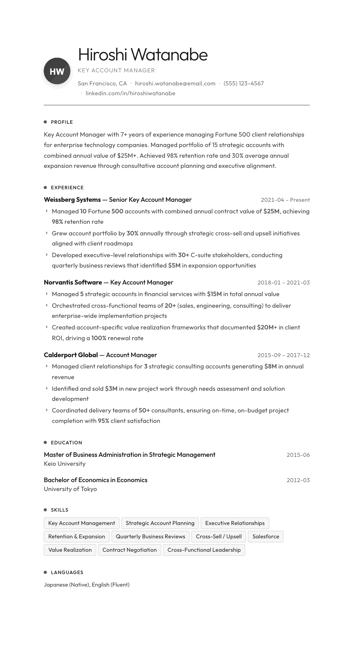Key Account Manager resume example, Flux template
