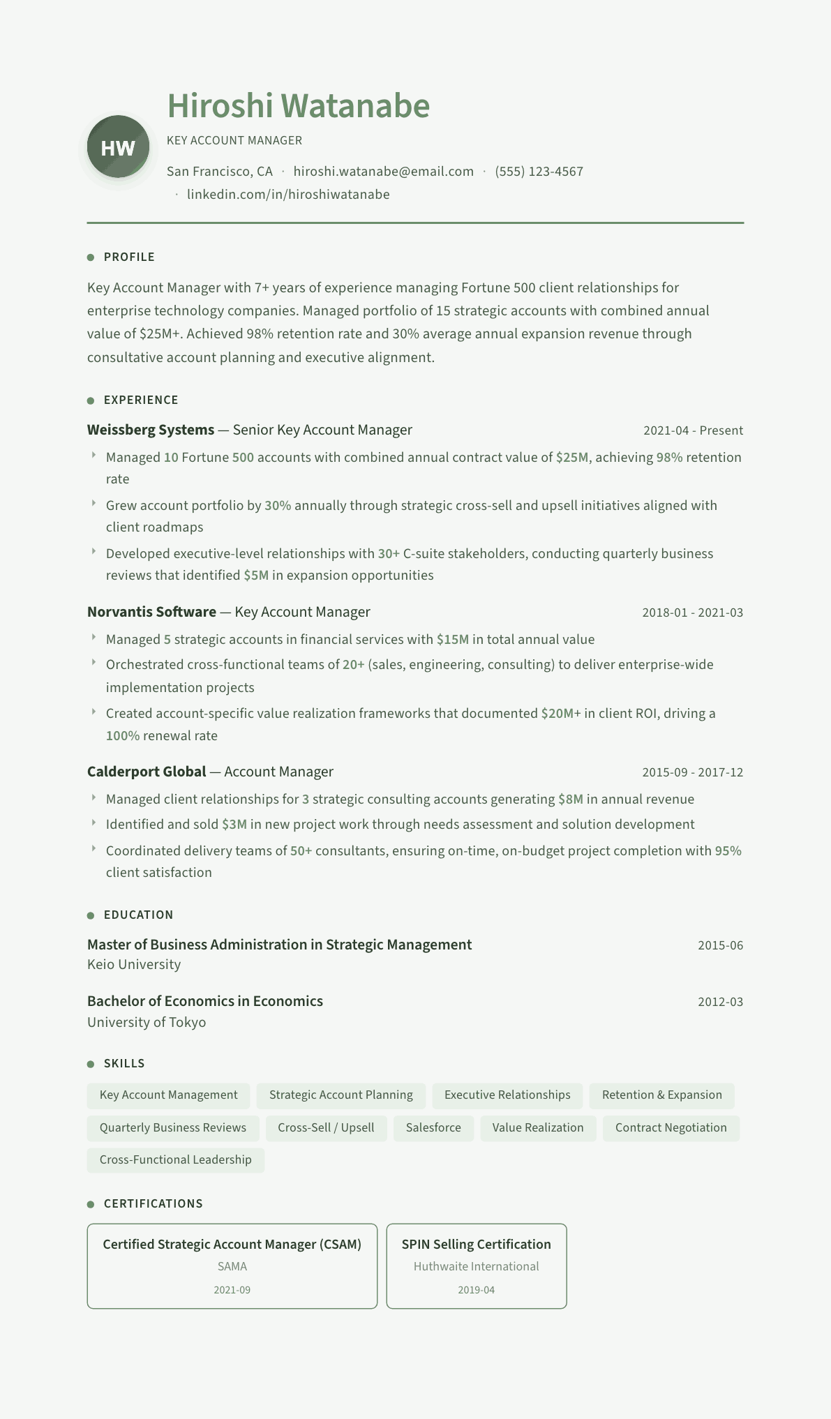 Key Account Manager resume example, Sage Garden template