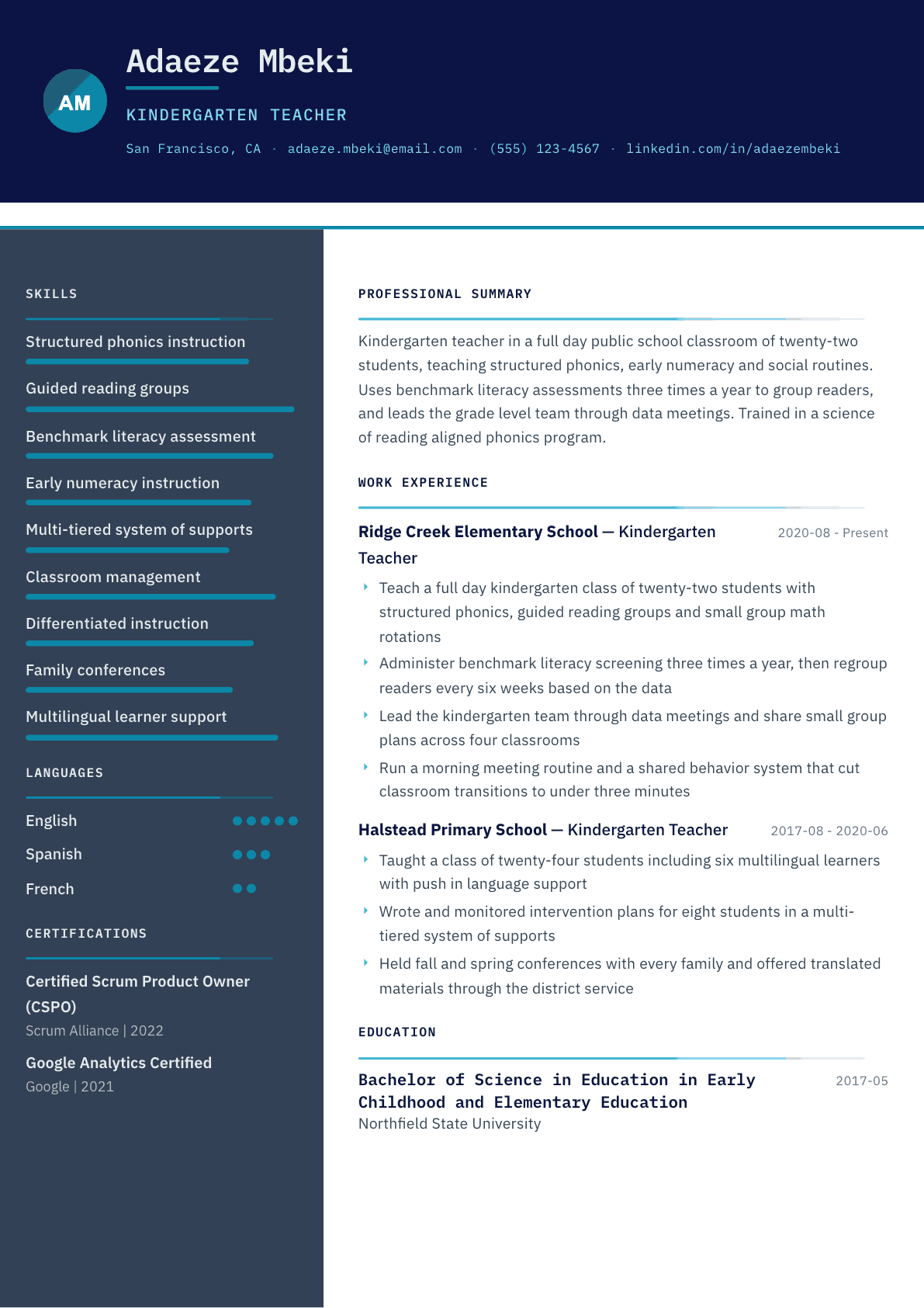 Kindergarten Teacher resume example, Atlas template