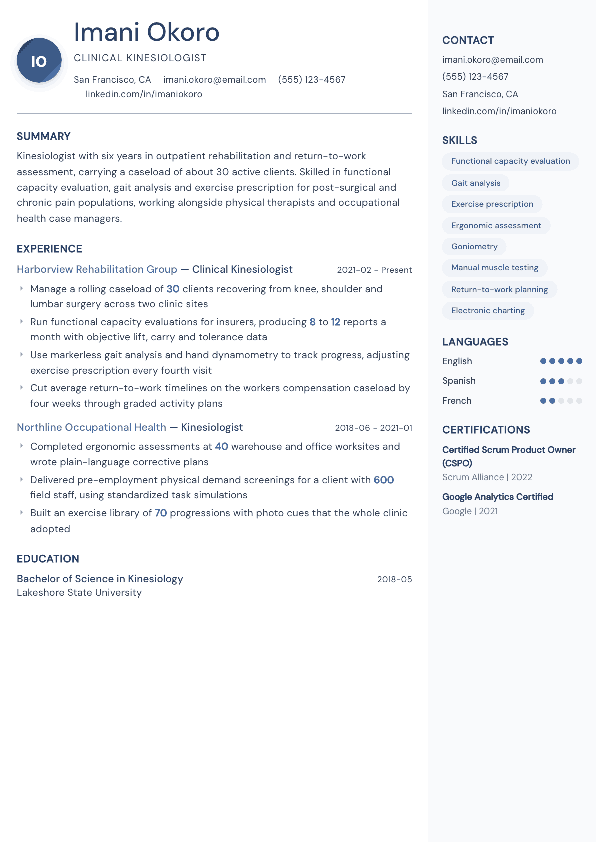 Kinesiologist resume example, Kernel template