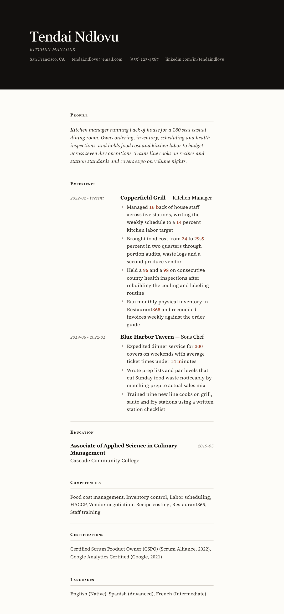 Kitchen Manager resume example, Broadsheet template