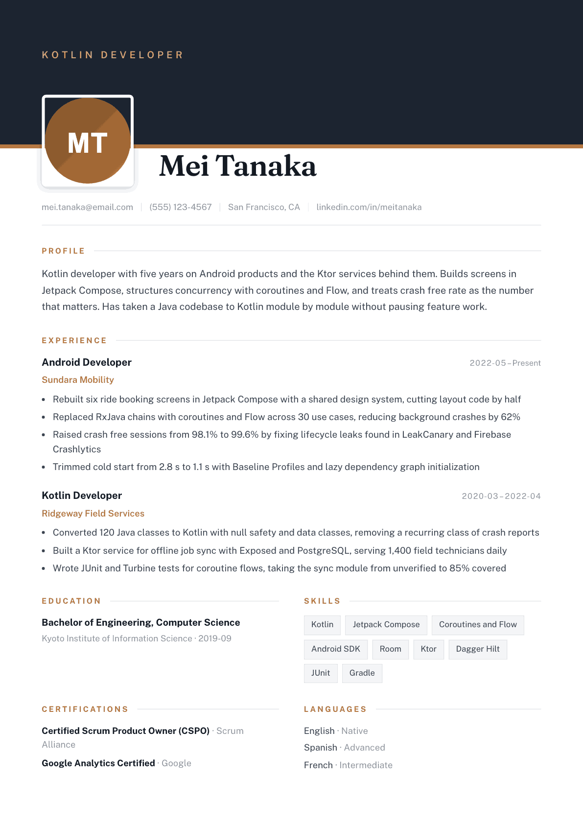 Kotlin Developer resume example, Atrium template