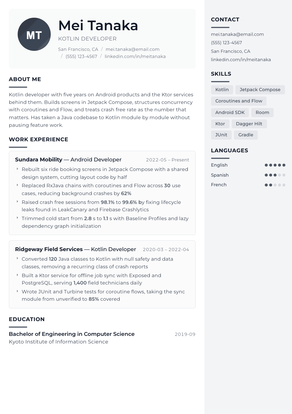 Kotlin Developer resume example, Metropolitan template