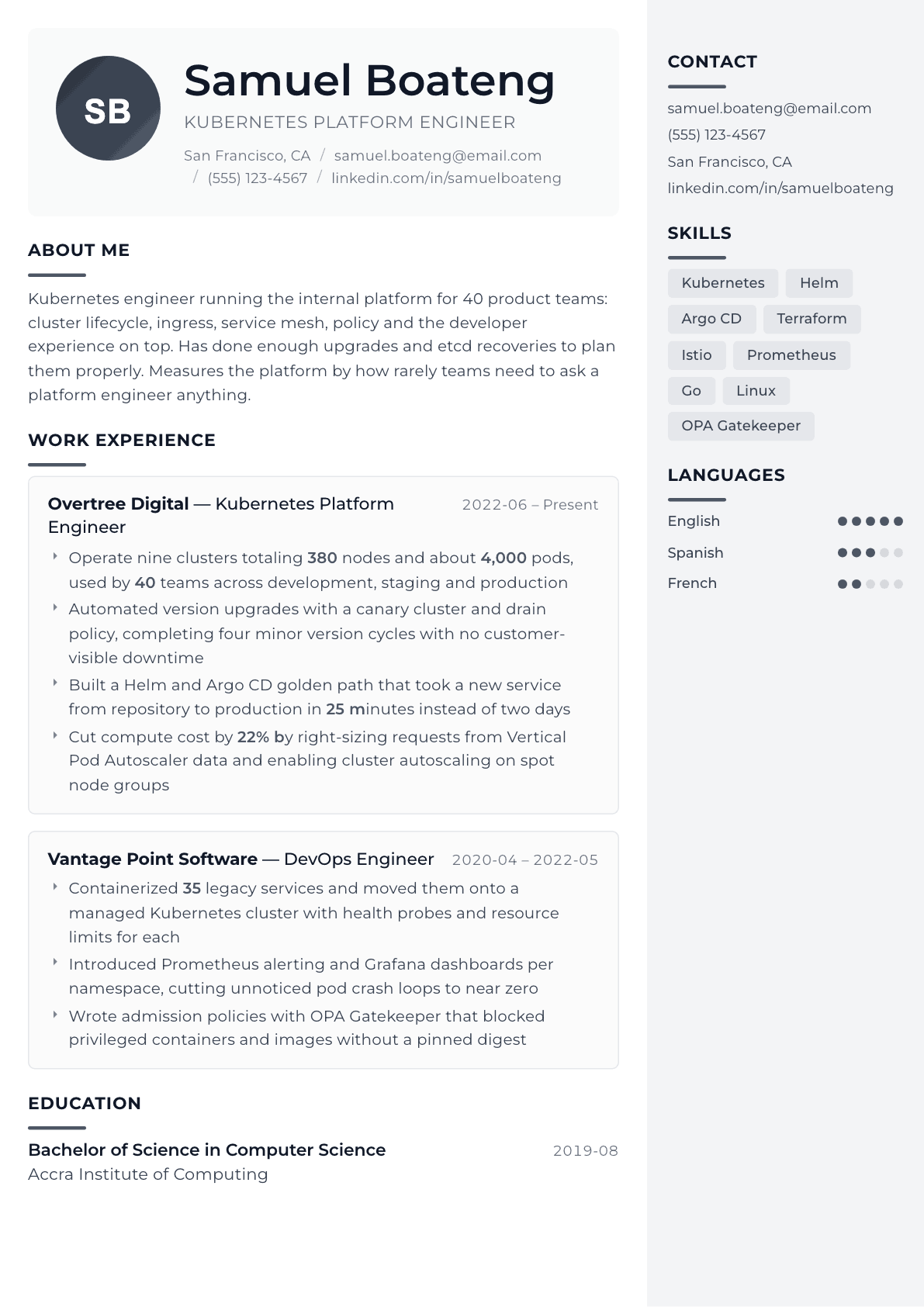 Kubernetes Engineer resume example, Metropolitan template
