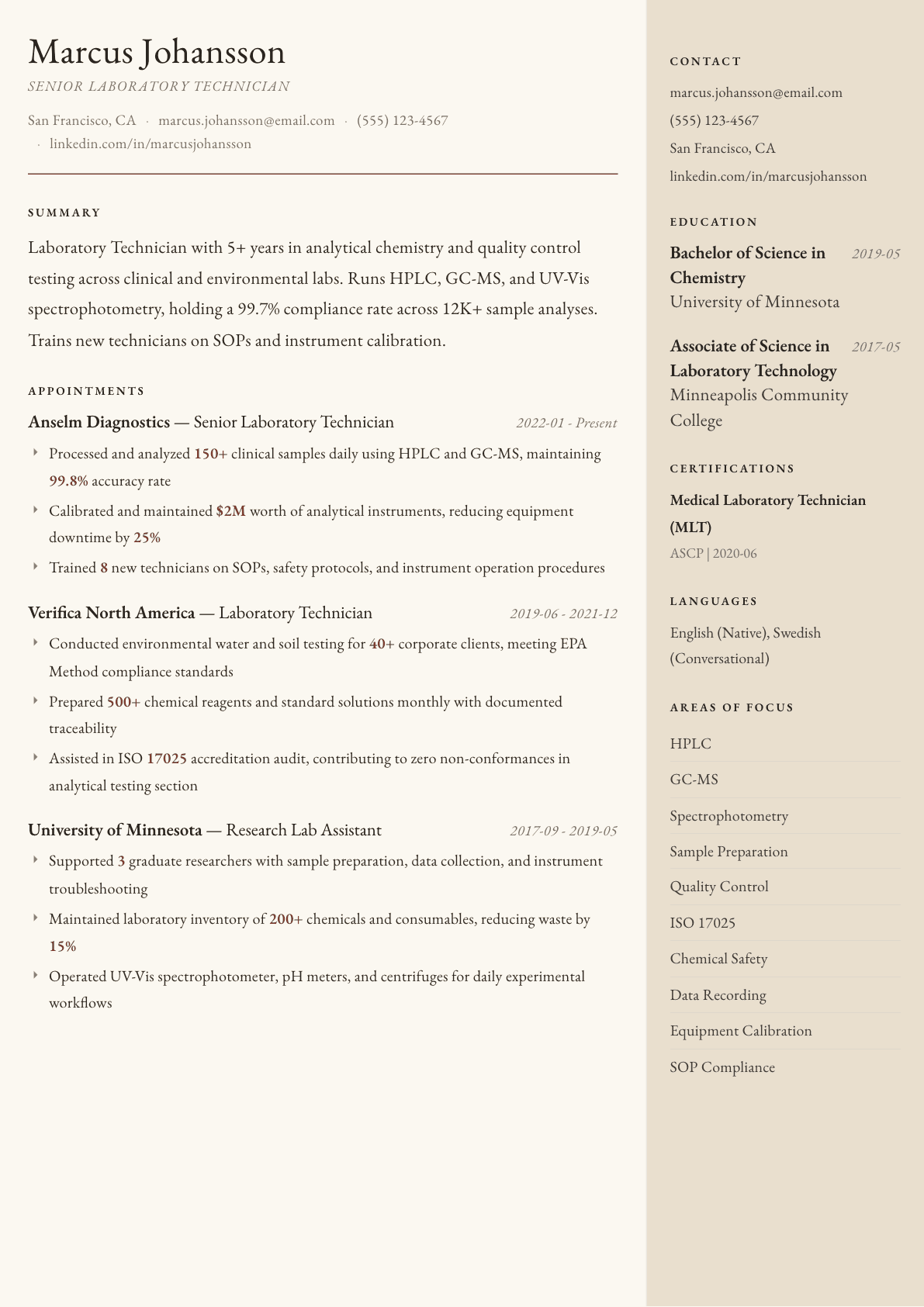Lab Technician resume example, Manuscript template