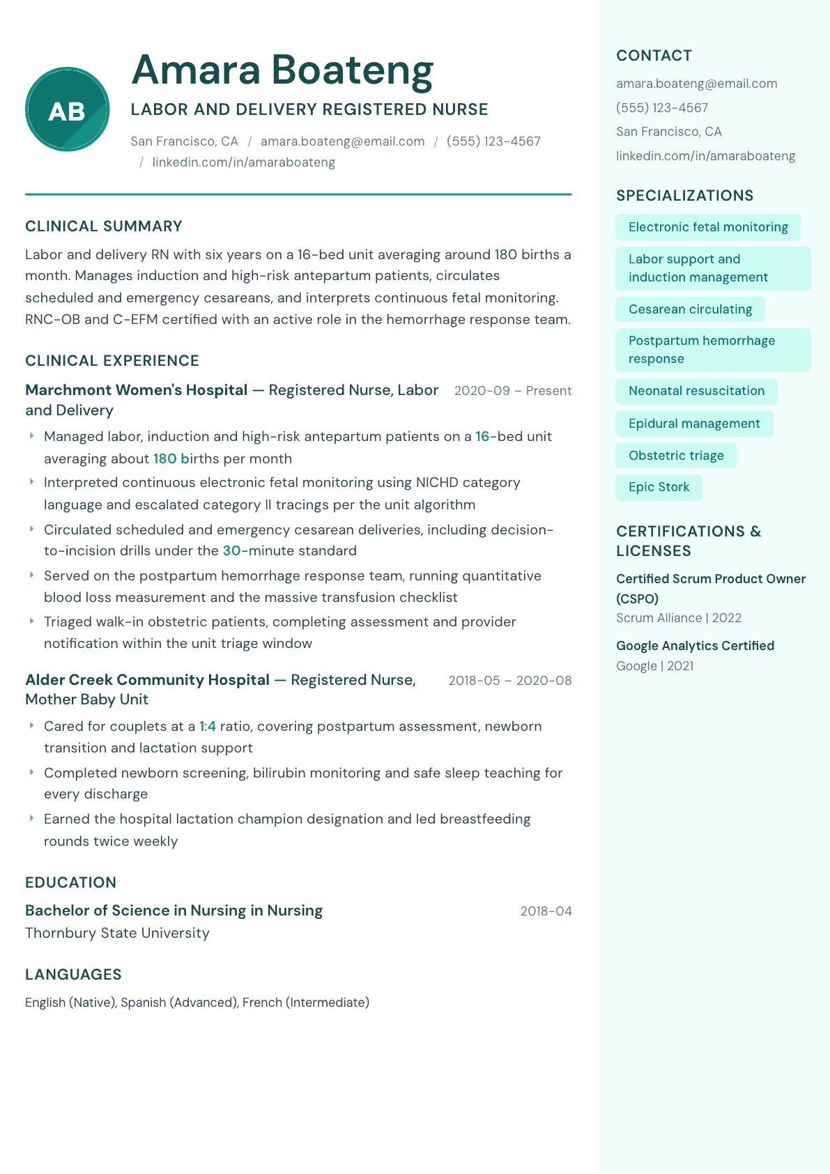 Labor and Delivery Nurse resume example, Remedy template