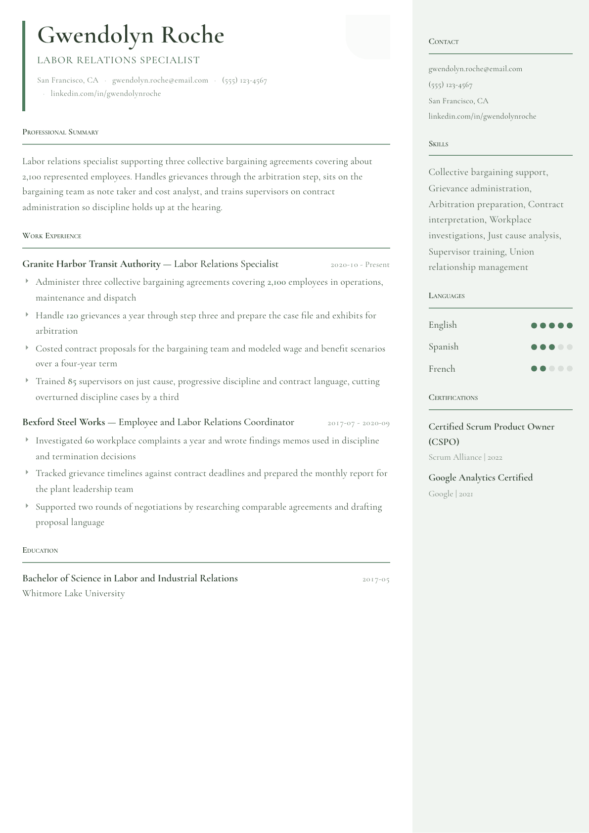 Labor Relations Specialist resume example, Copenhagen template