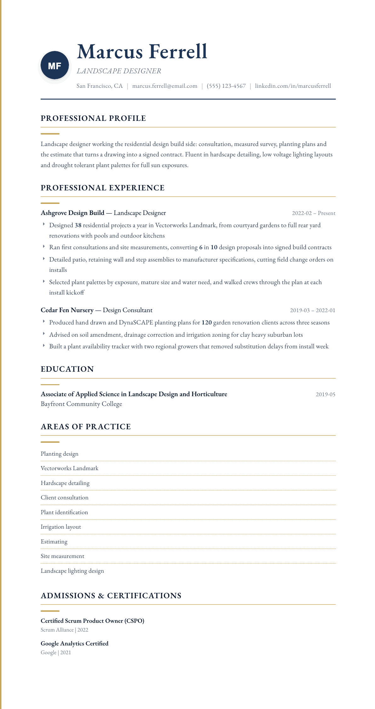 Landscape Designer resume example, Folio template