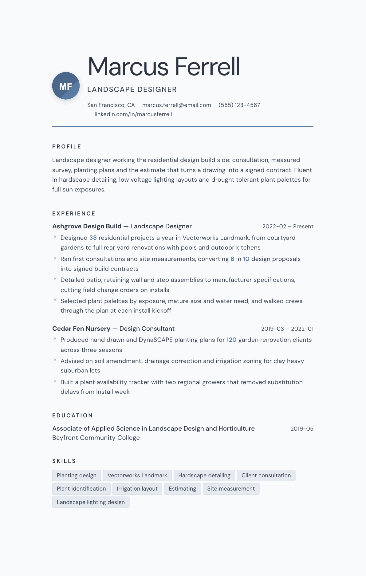 Landscape Designer resume example, Nordic template