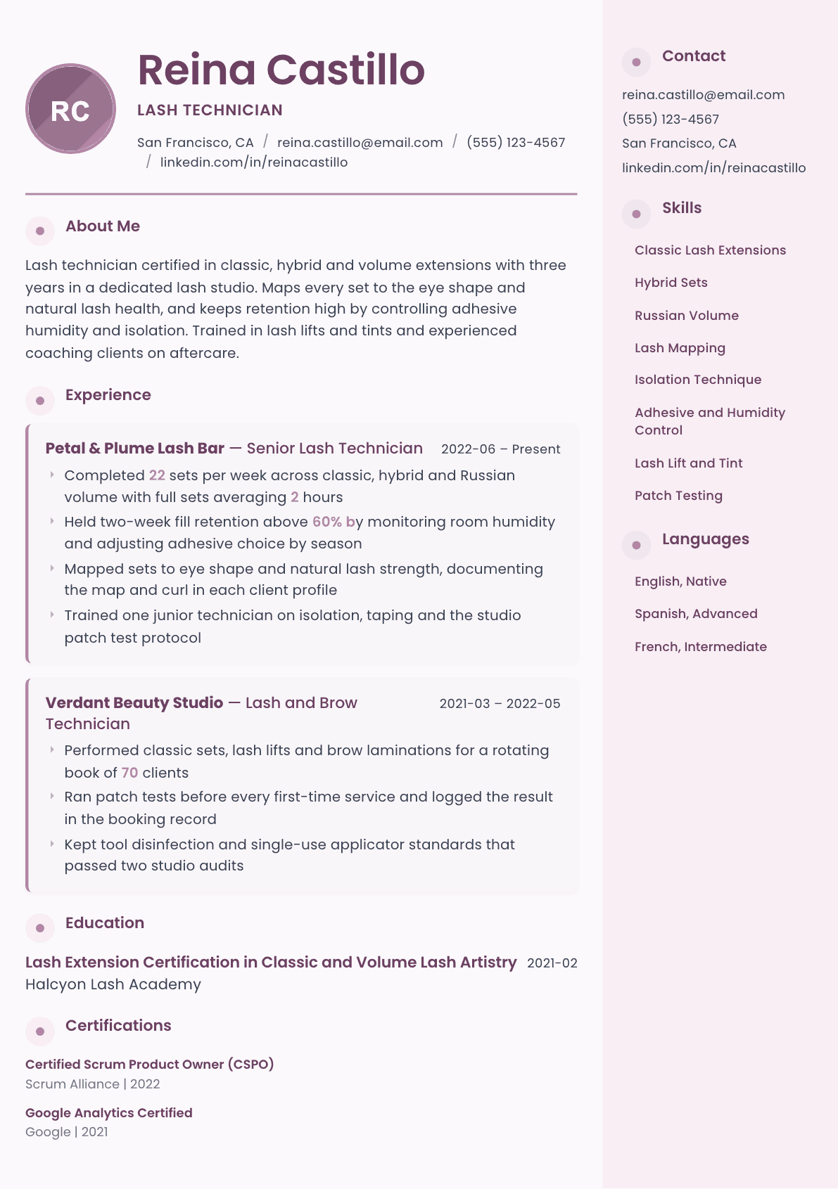 Lash Technician resume example, Bloom template