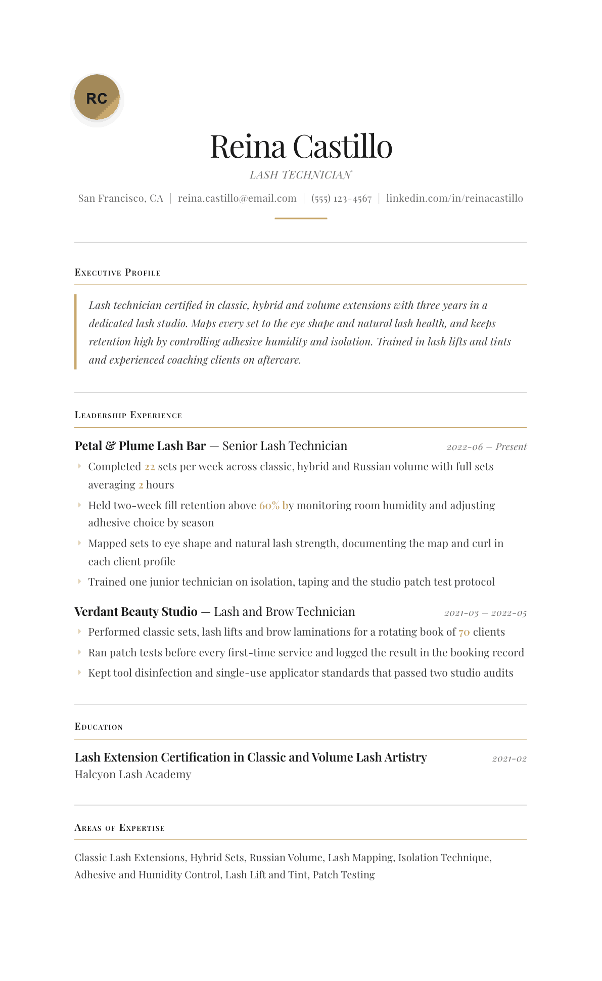 Lash Technician resume example, Chancellor template