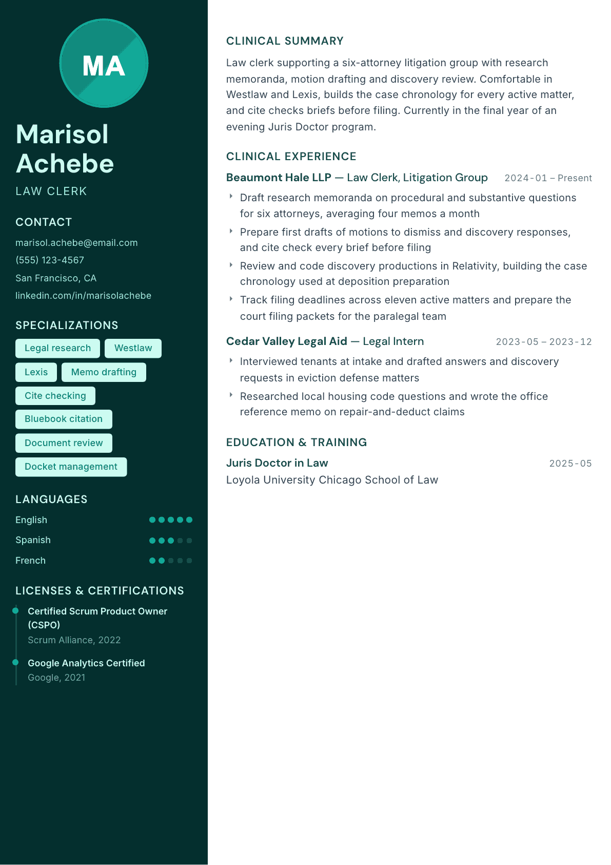 Law Clerk resume example, Vitalis template