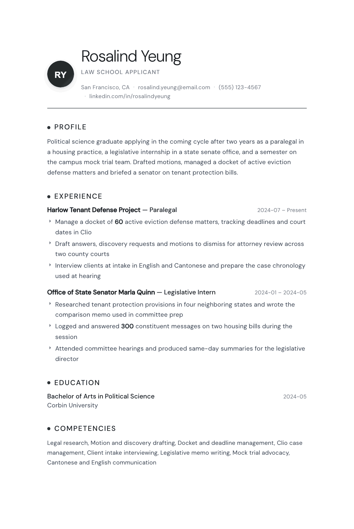 Law School Applicant resume example, Pinnacle template