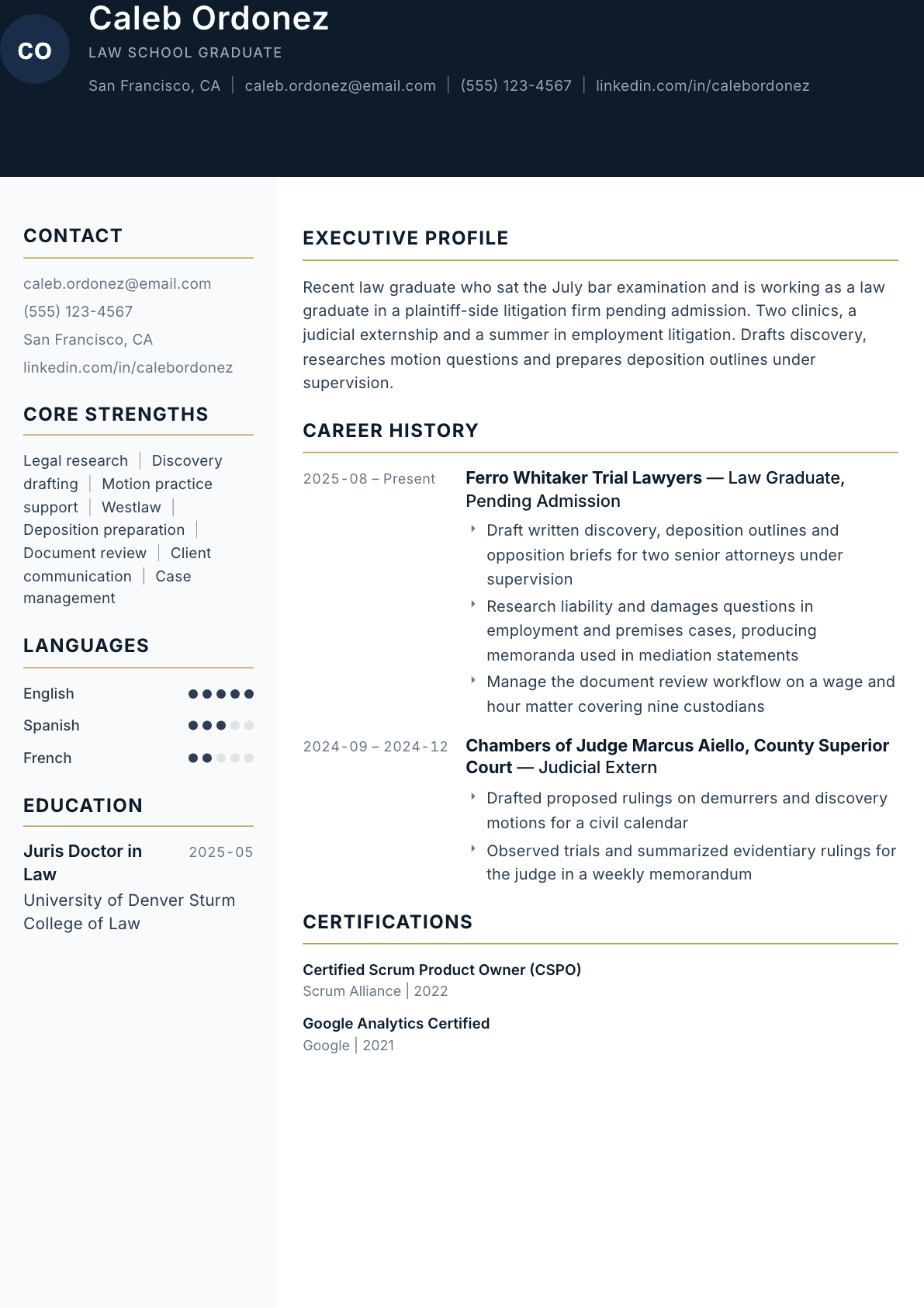 Law School Graduate resume example, Consulate template