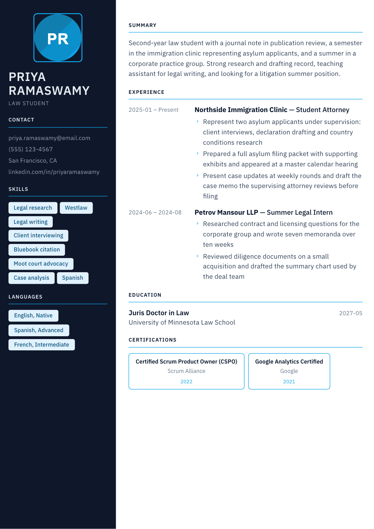 Law Student resume example, Everest template