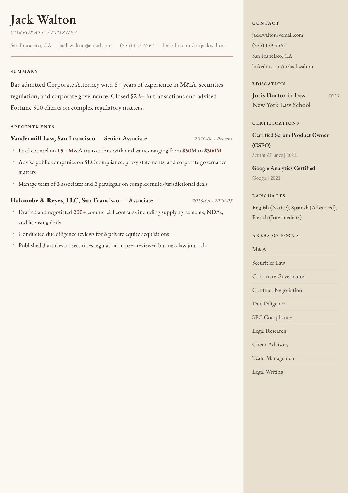 Lawyer resume example, Manuscript template