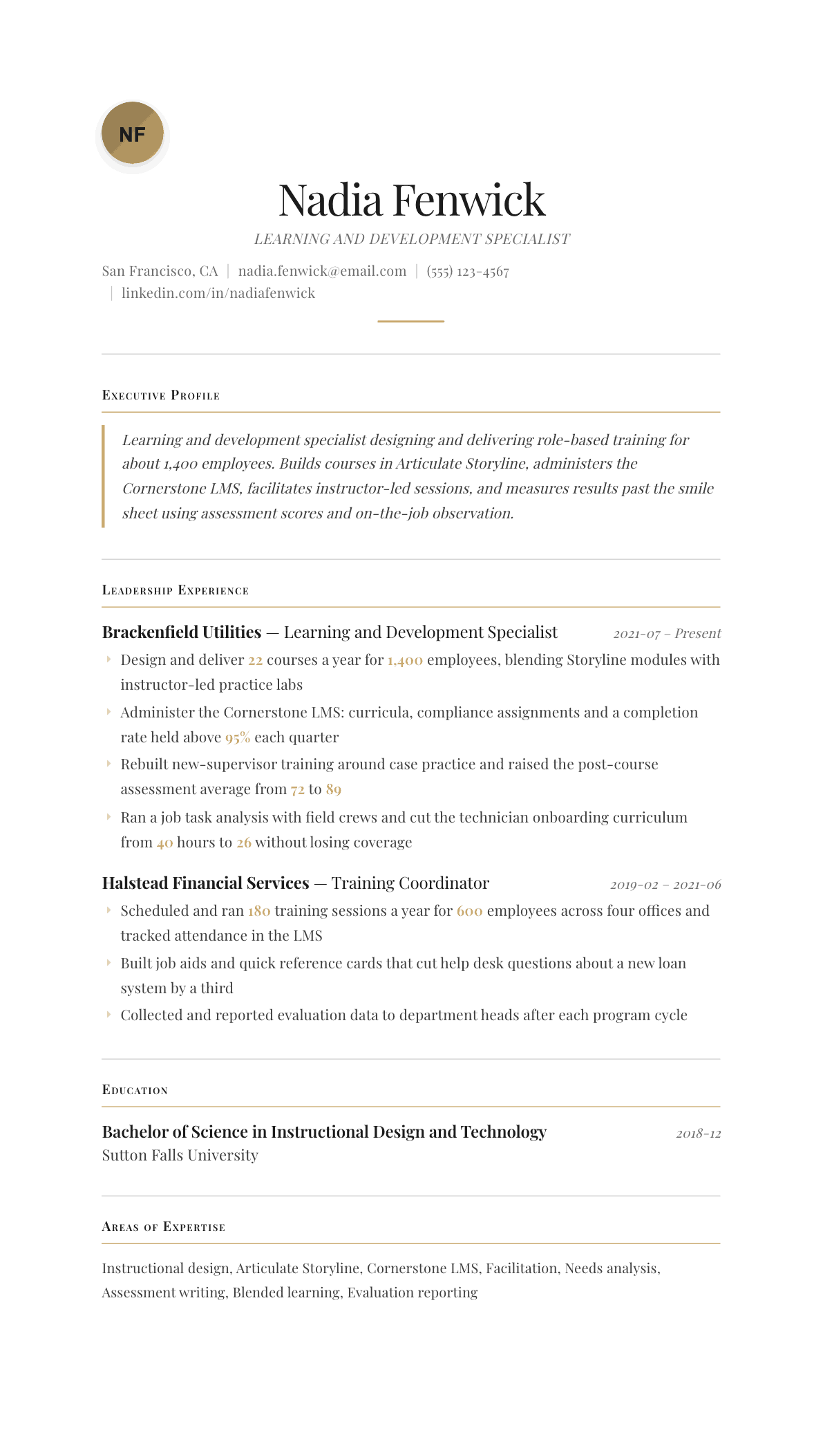 Learning and Development Specialist resume example, Chancellor template