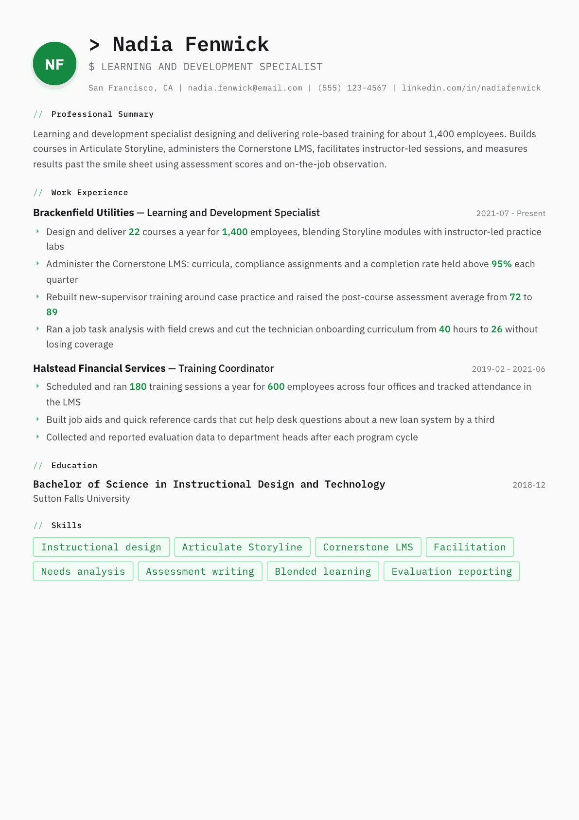 Learning and Development Specialist resume example, Amsterdam template