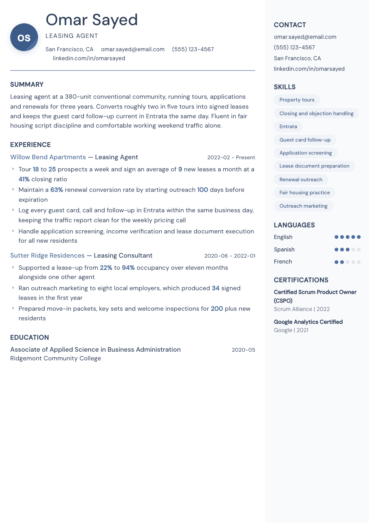 Leasing Agent resume example, Kernel template