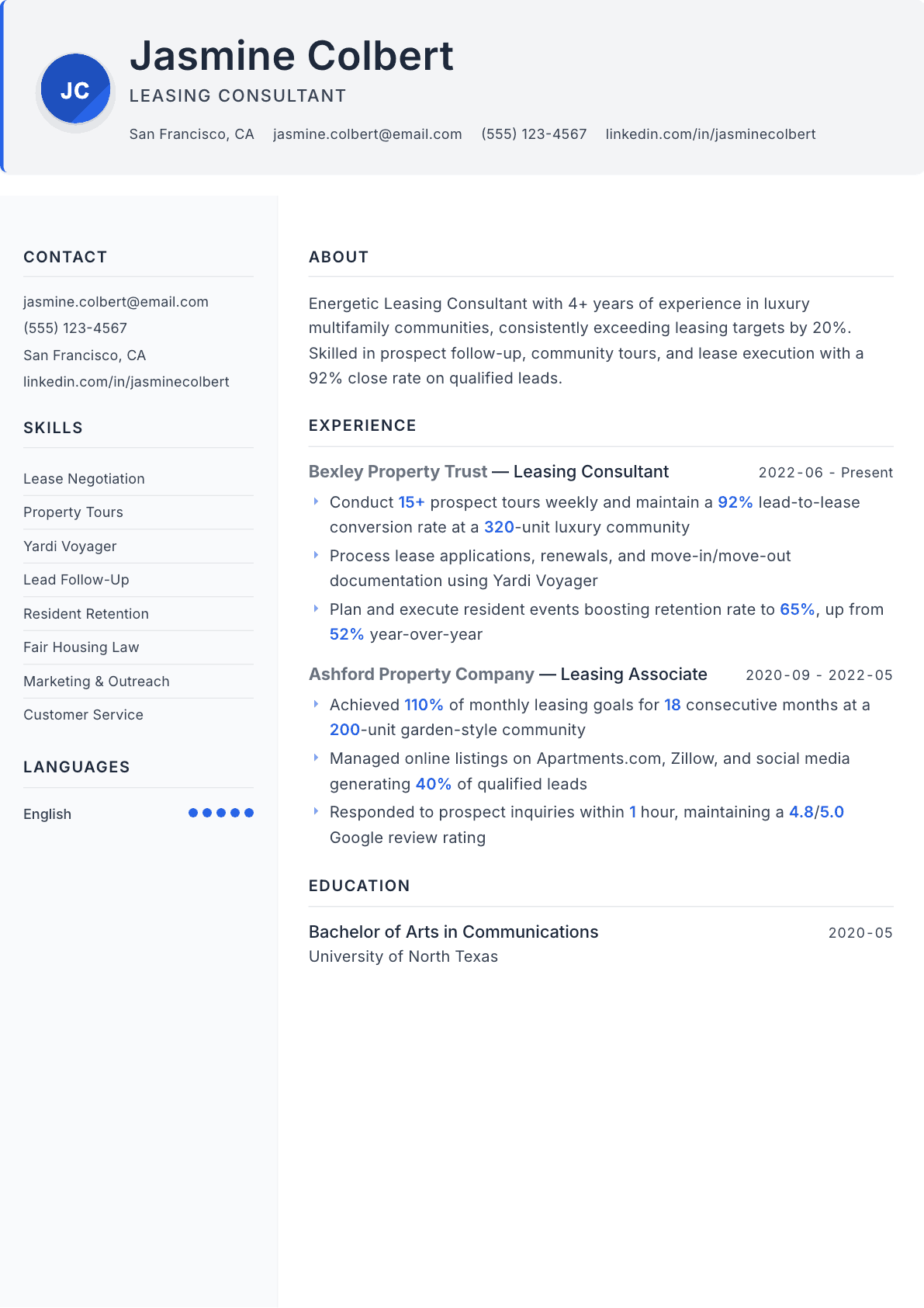 Leasing Consultant resume example, Paper template