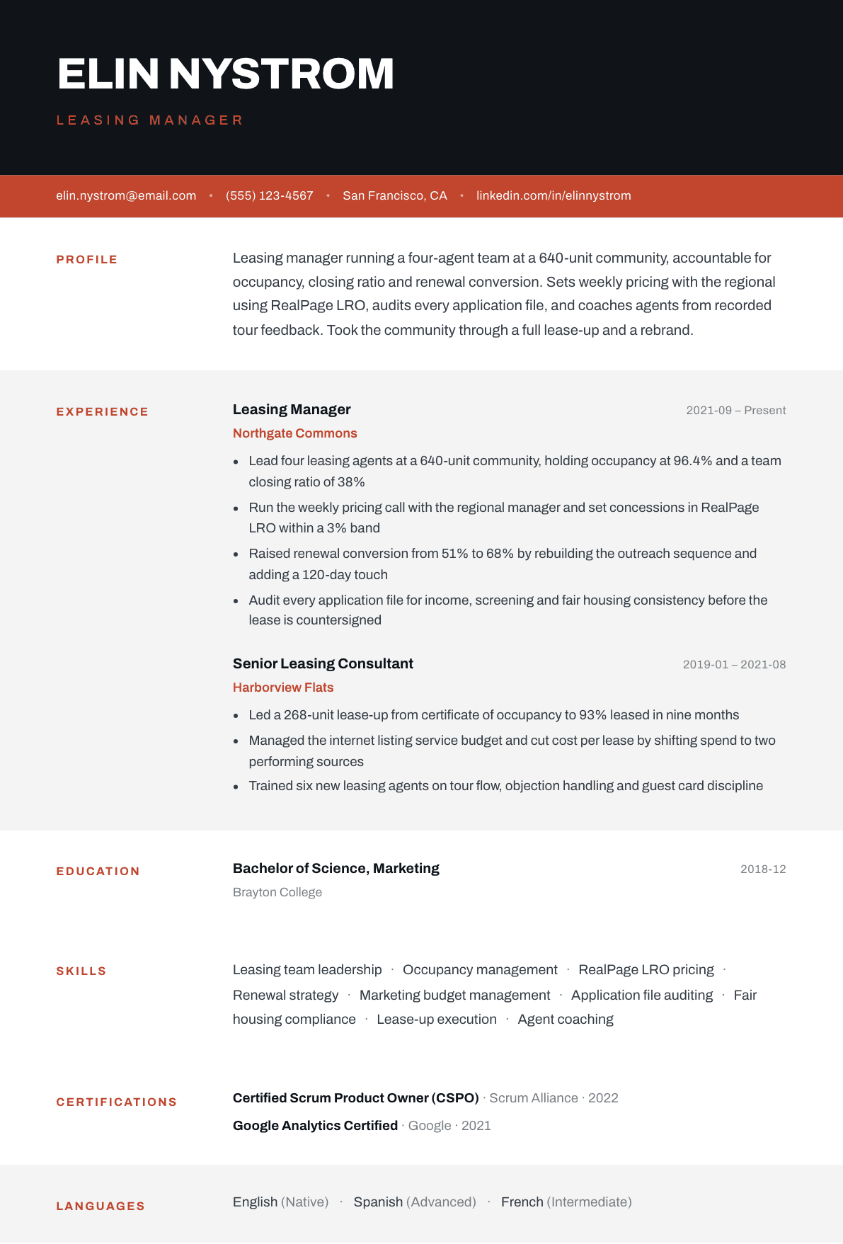 Leasing Manager resume example, Strata template