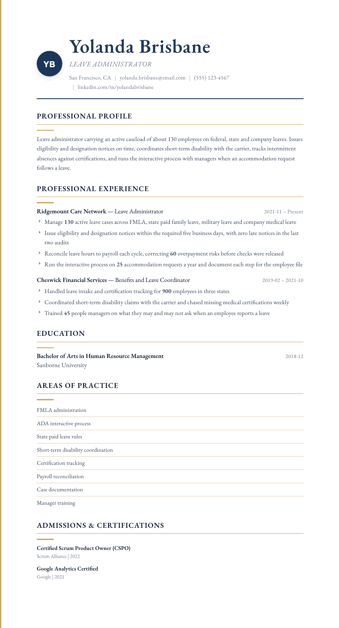Leave Administrator resume example, Folio template