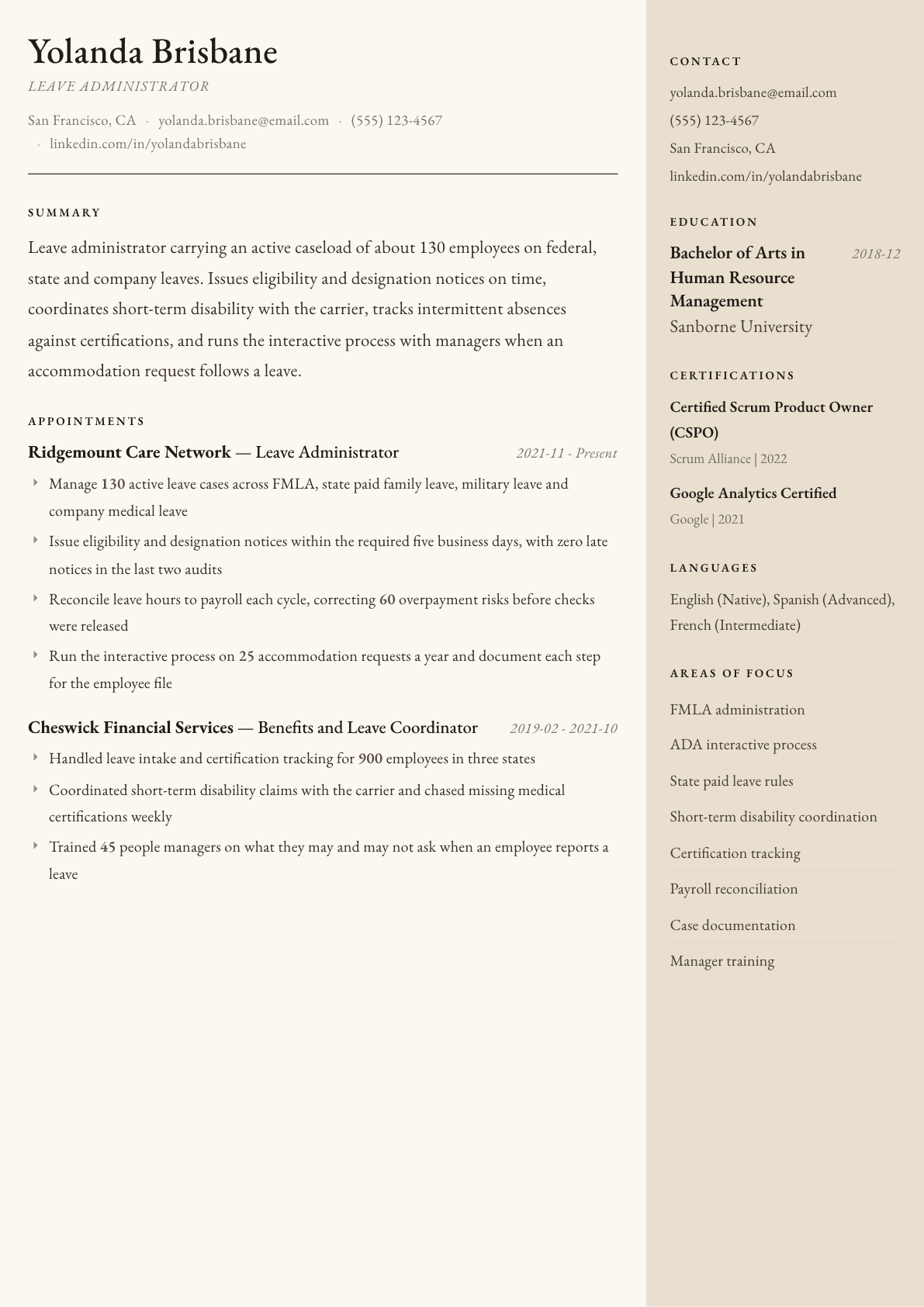 Leave Administrator resume example, Manuscript template