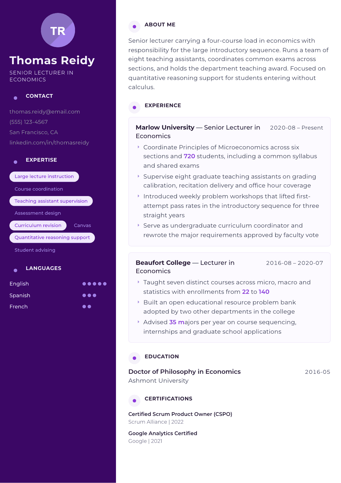 Lecturer resume example, Palette template