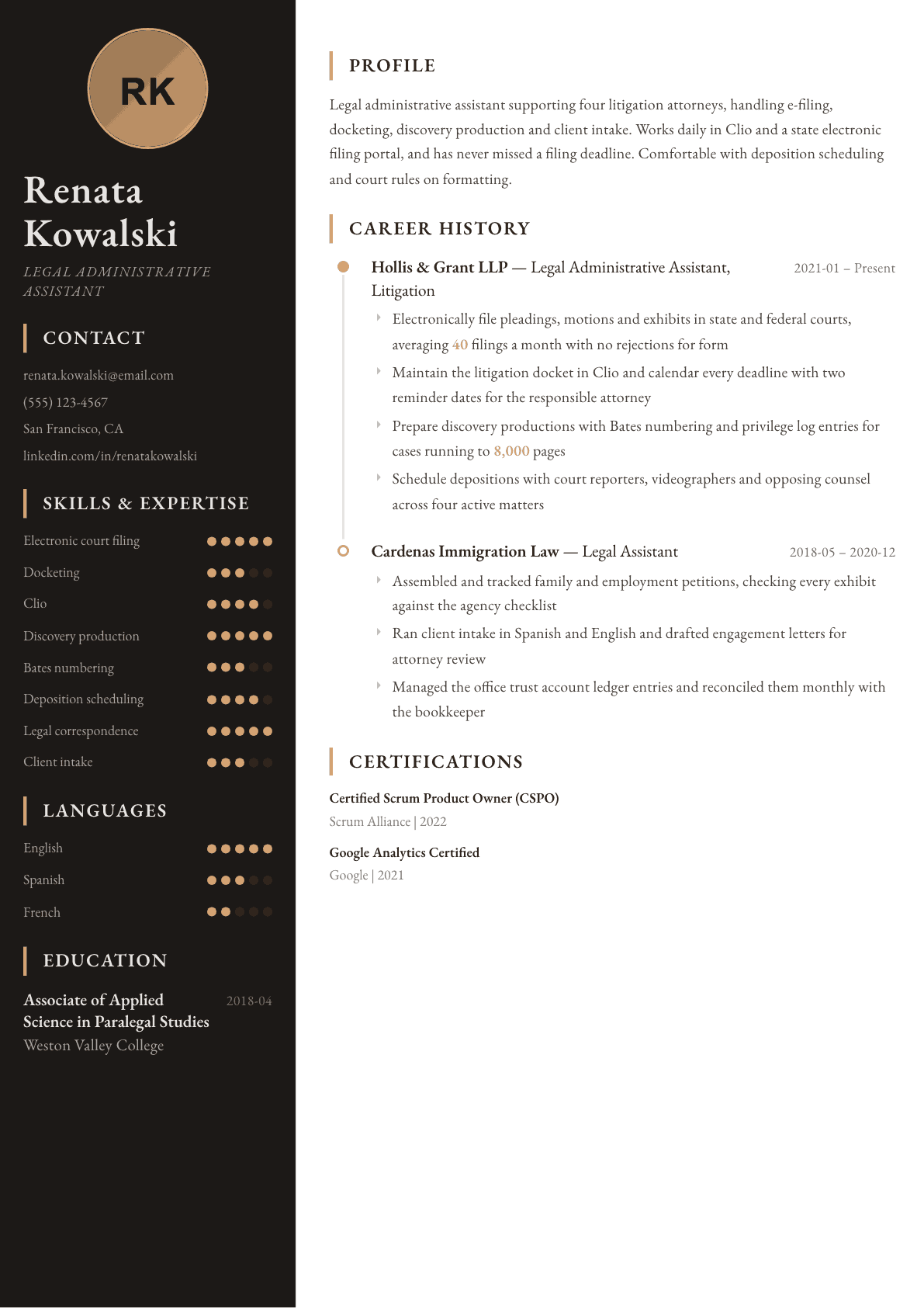 Legal Administrative Assistant resume example, Heritage template