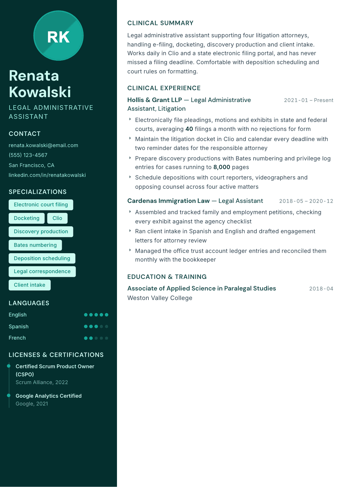 Legal Administrative Assistant resume example, Vitalis template