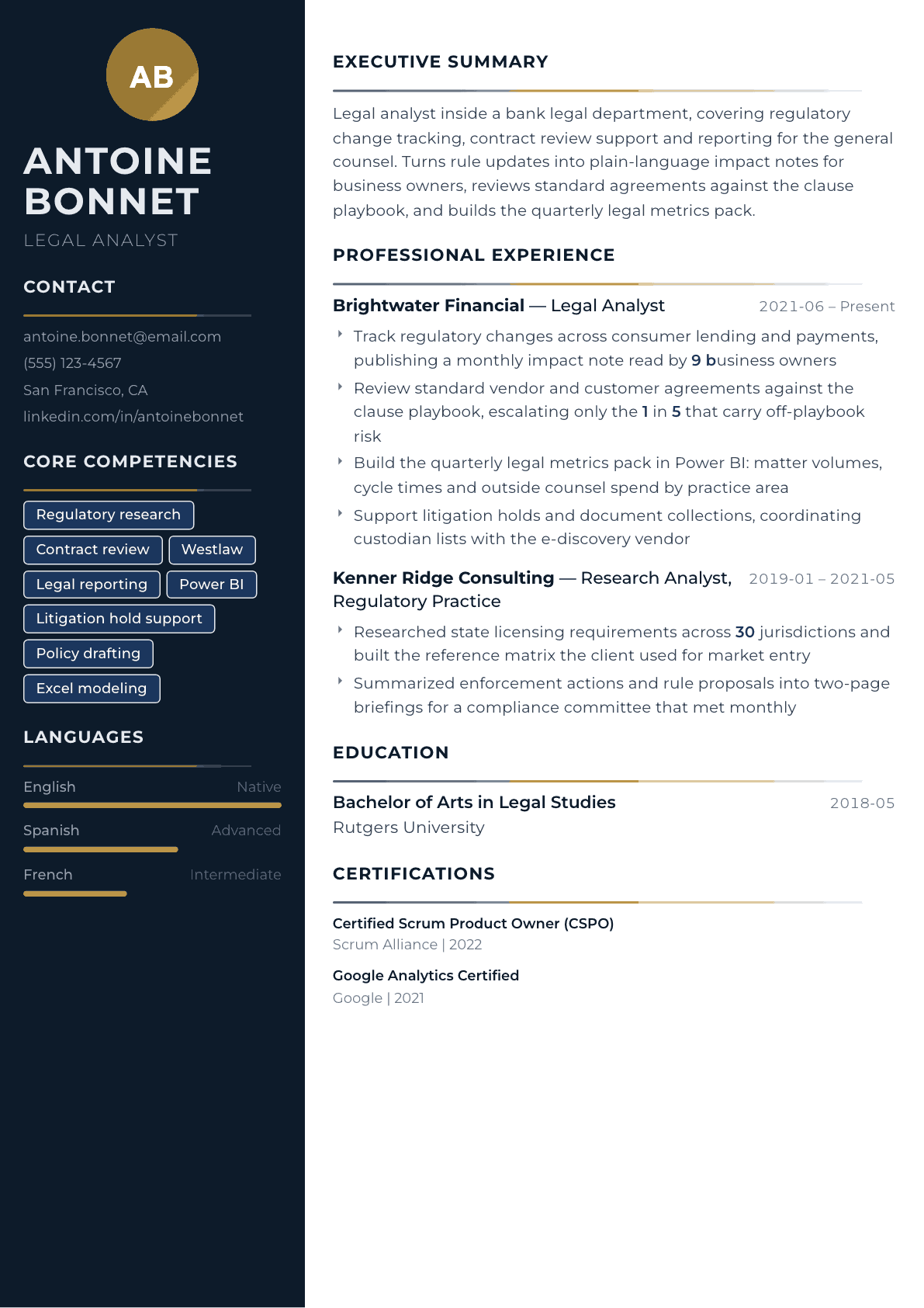 Legal Analyst resume example, Catalyst template