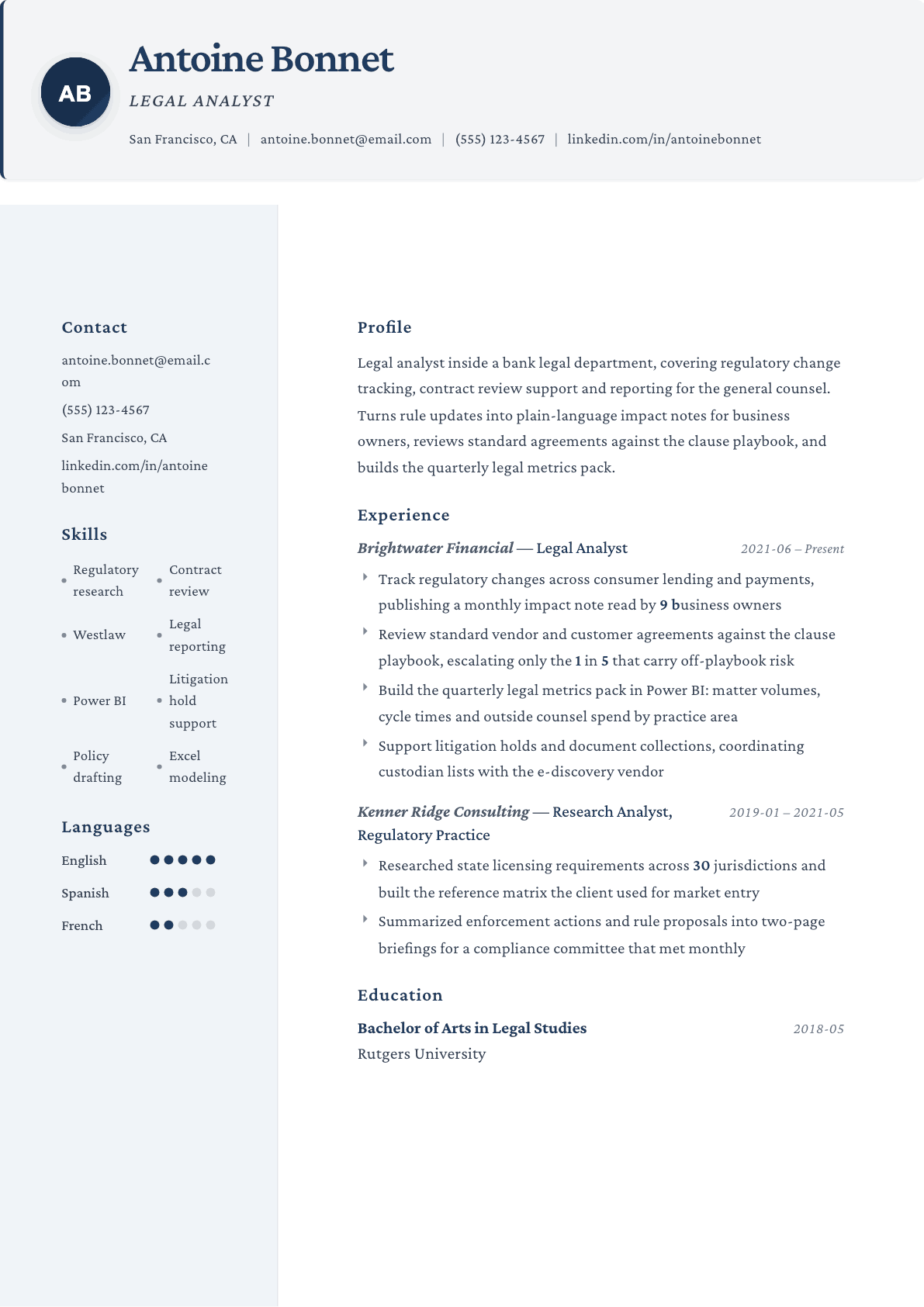 Legal Analyst resume example, Formal template