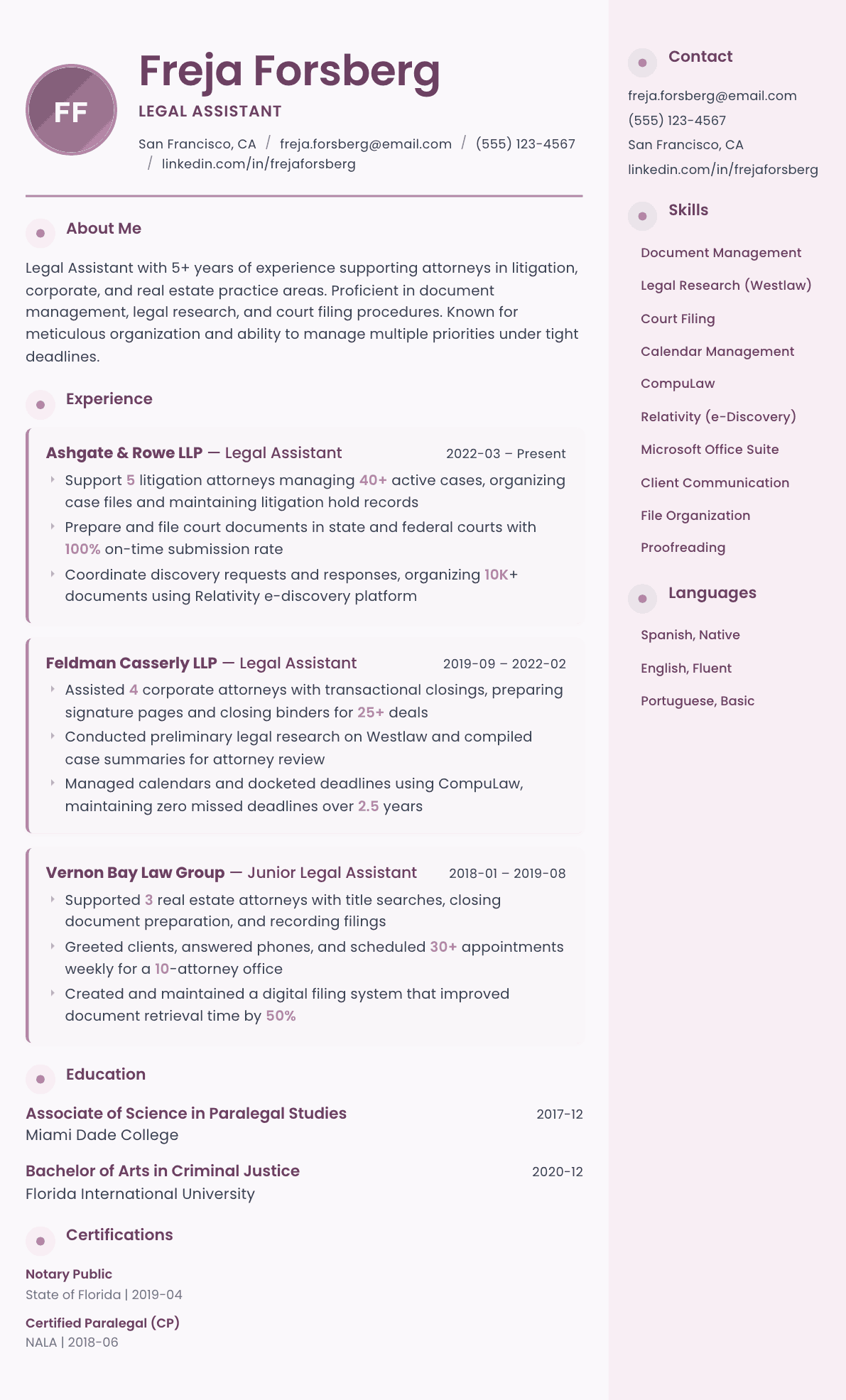 Legal Assistant resume example, Bloom template