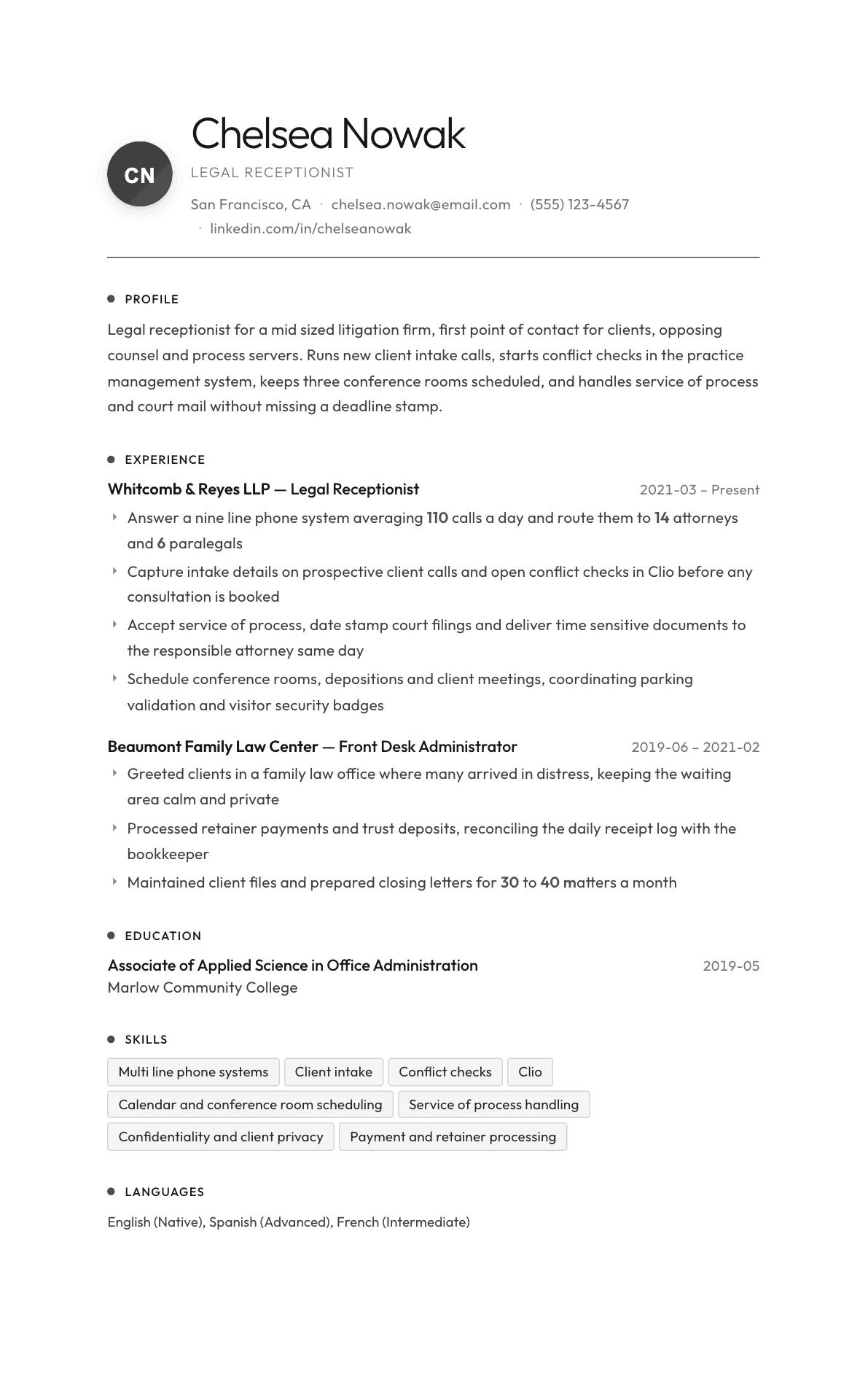 Legal Receptionist resume example, Flux template