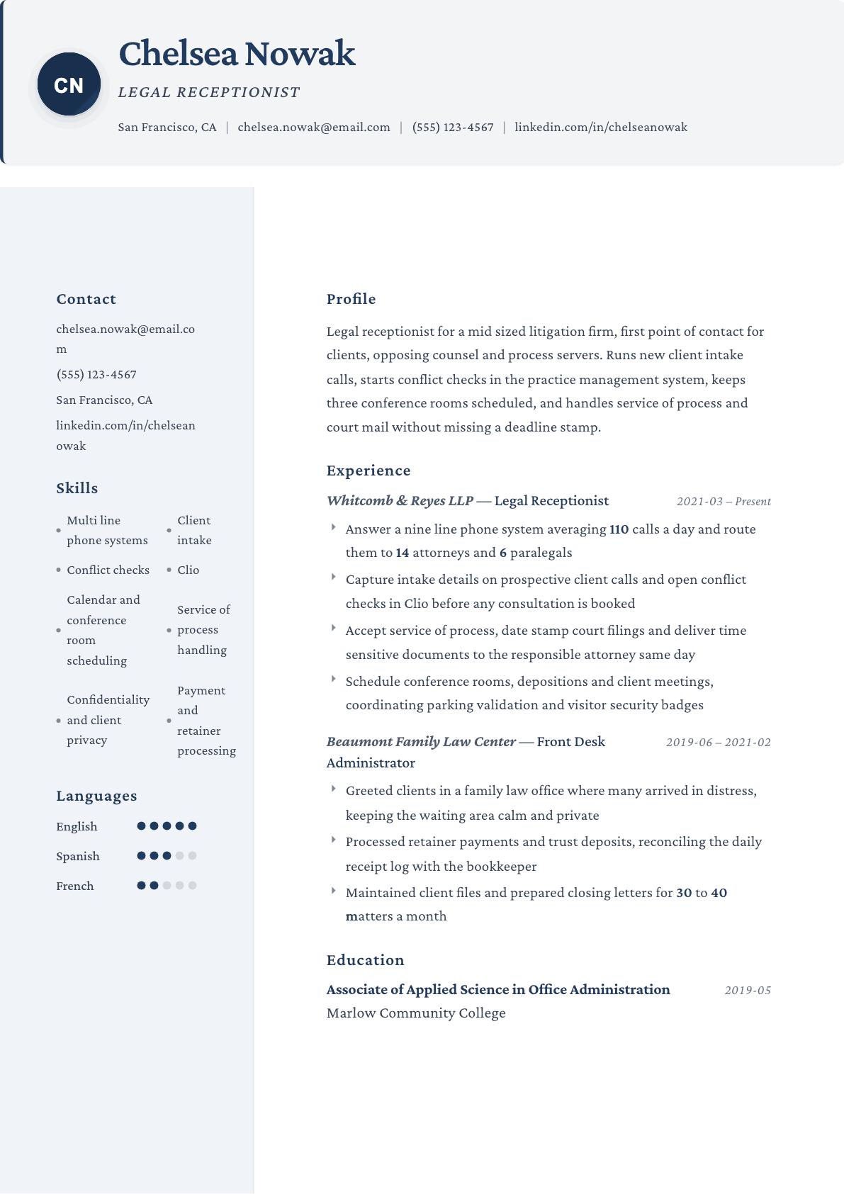 Legal Receptionist resume example, Formal template