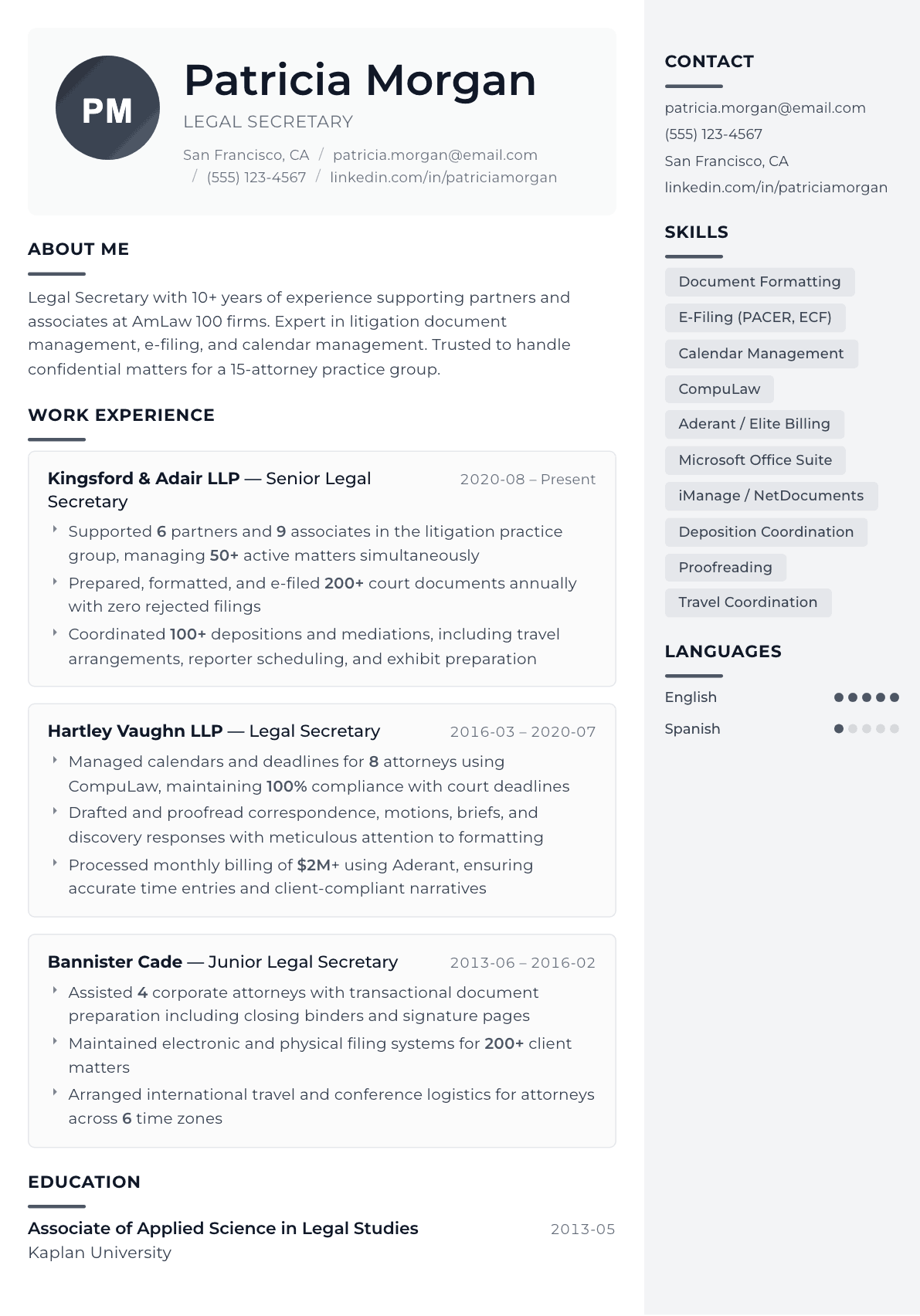 Legal Secretary resume example, Metropolitan template