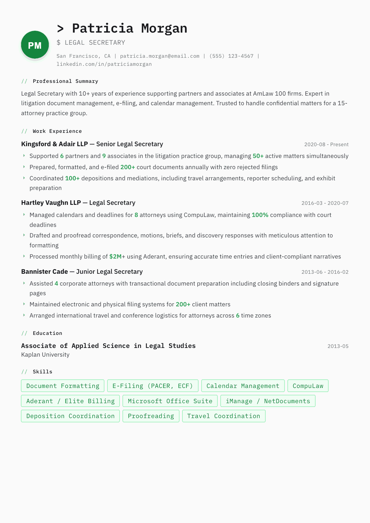 Legal Secretary resume example, Amsterdam template