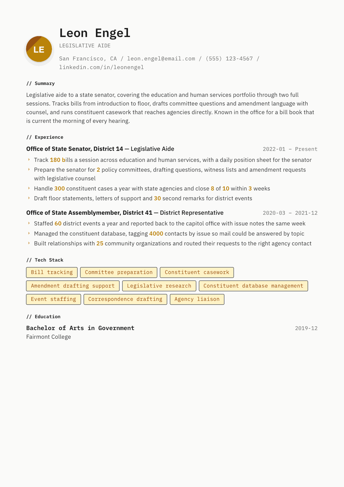 Legislative Aide resume example, Inkwell template